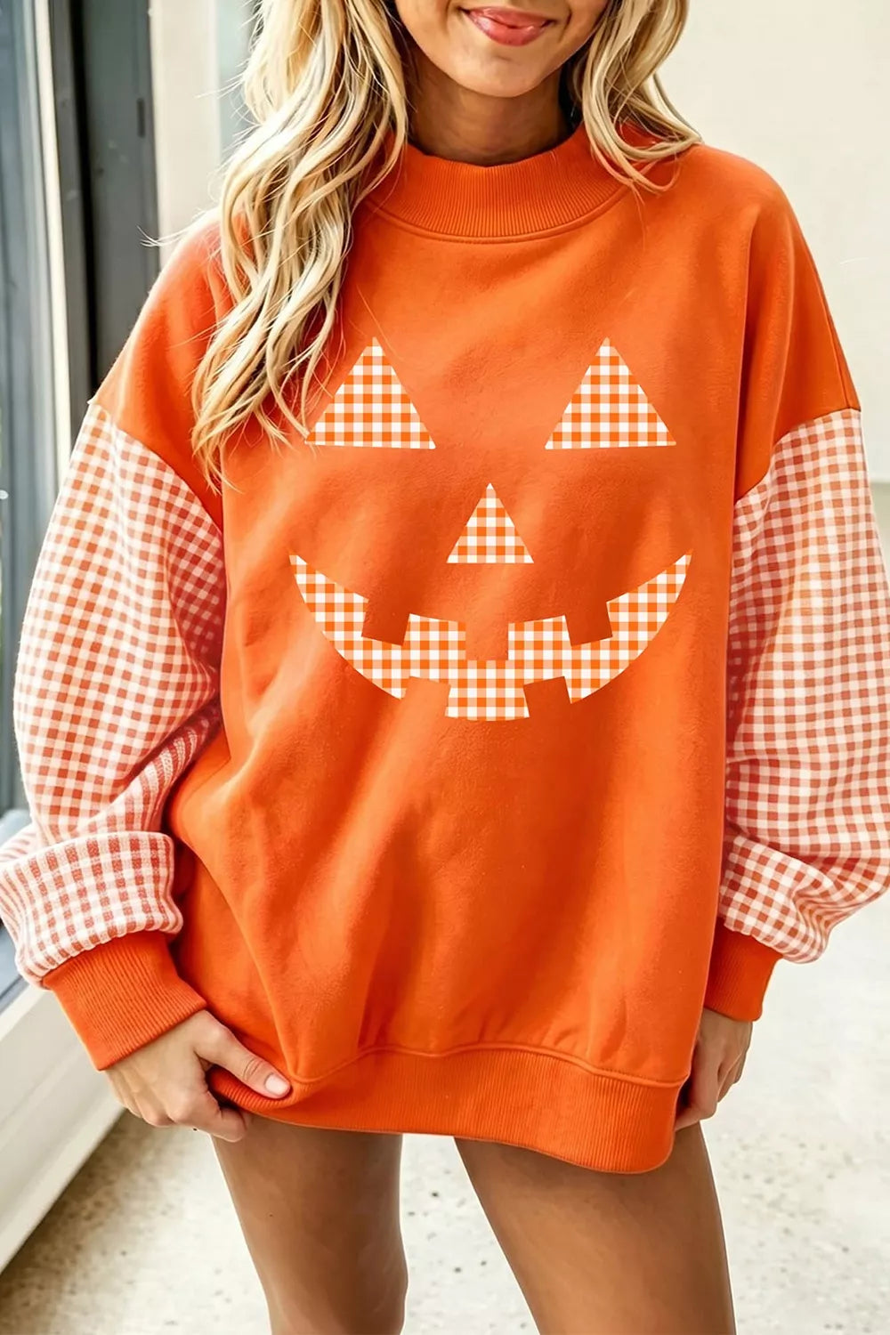SYNZ Plaid Sleeve Halloween Pumpkin Face Graphic Sweatshirt