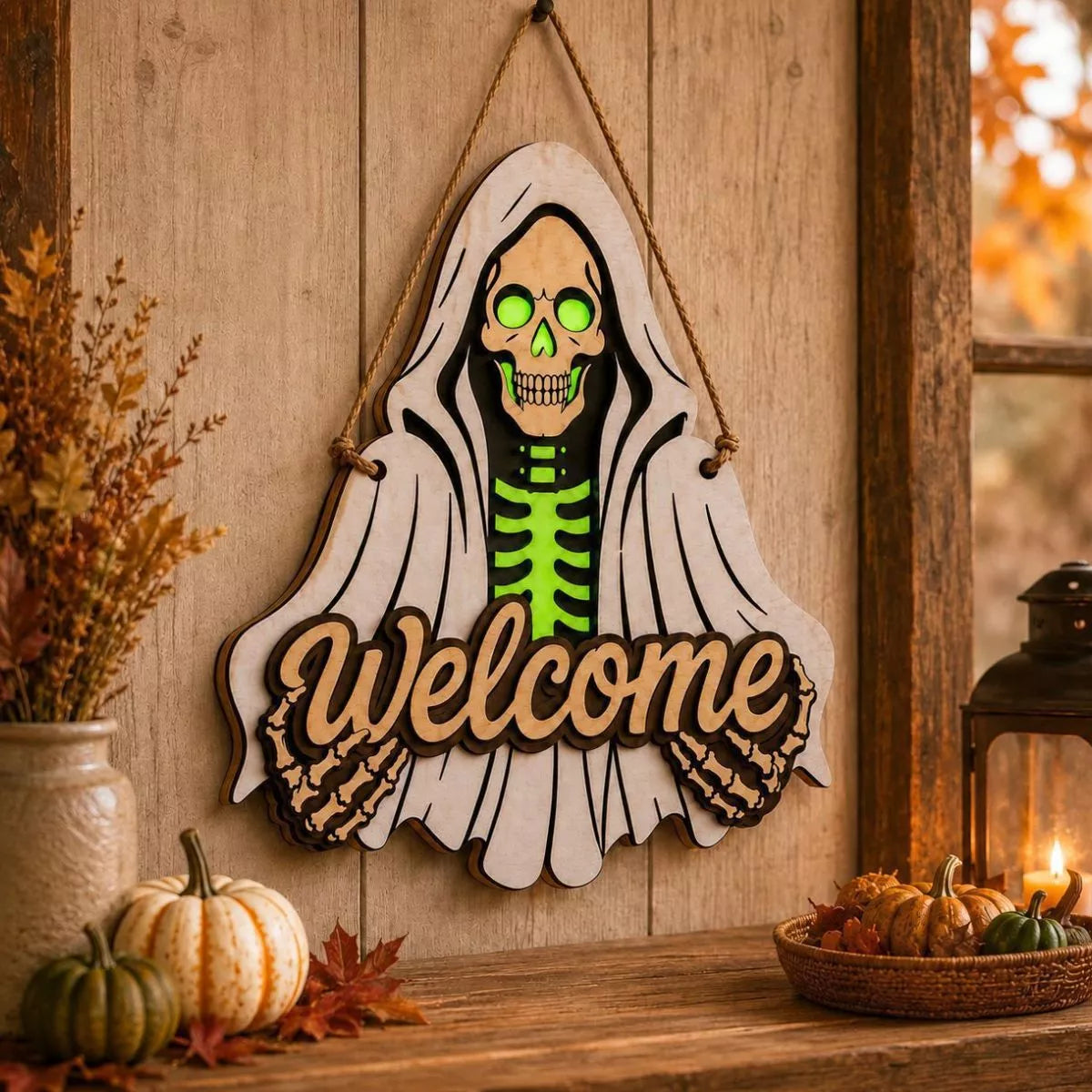 KnitElite Spooky Halloween Skeleton Welcome Hanging Decorative Ornament