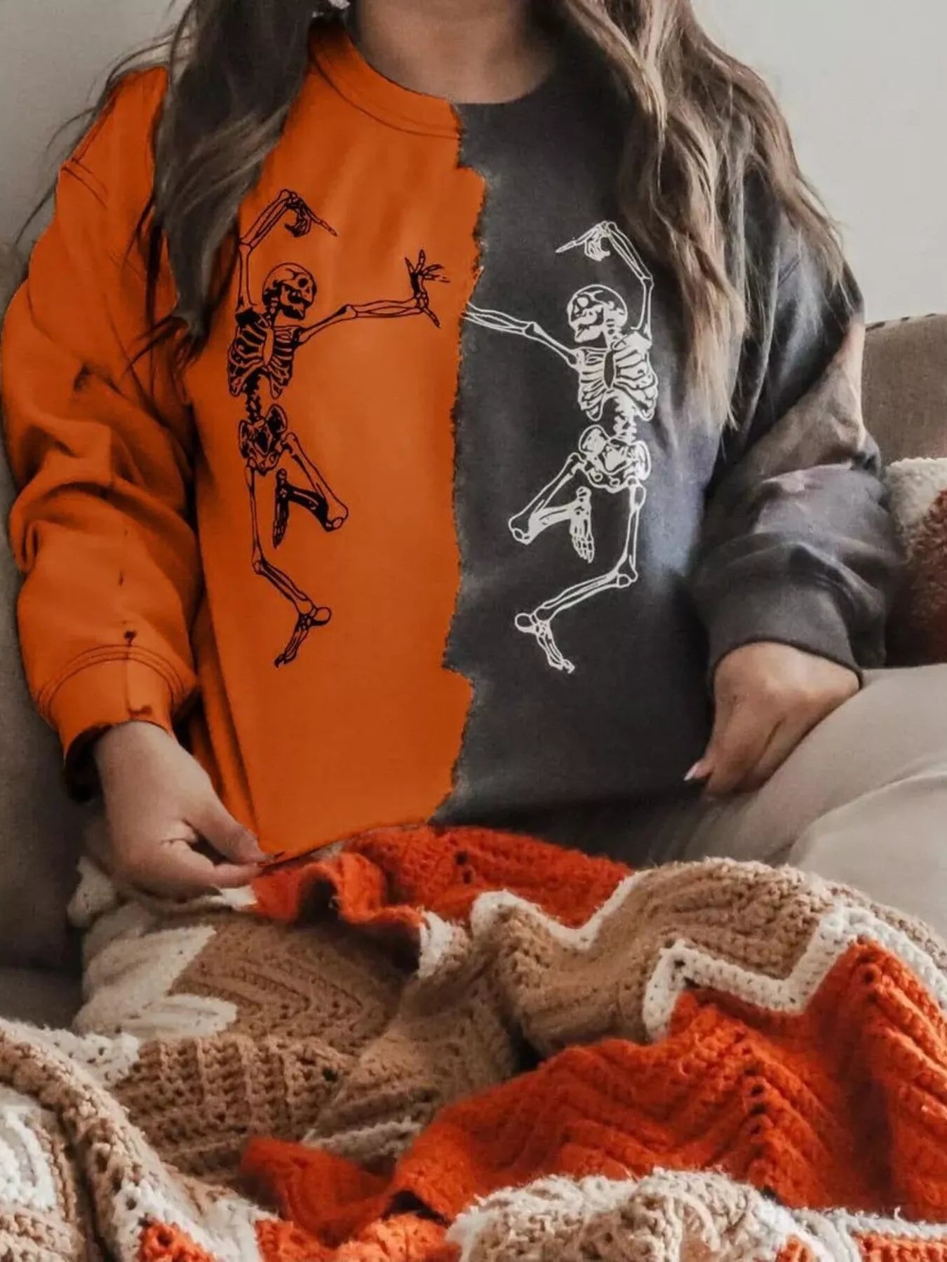 Sara Rue Halloween Skeleton Print Color Block Sweatshirt