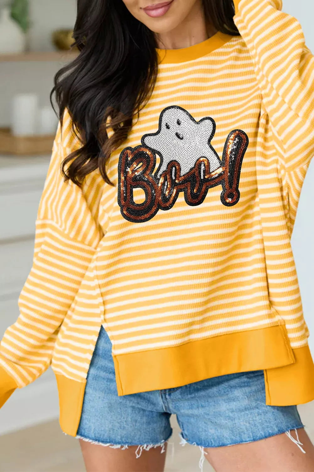 SYNZ Stripe Boo Sequin Ghost Halloween Split Hem Long Sleeve Top