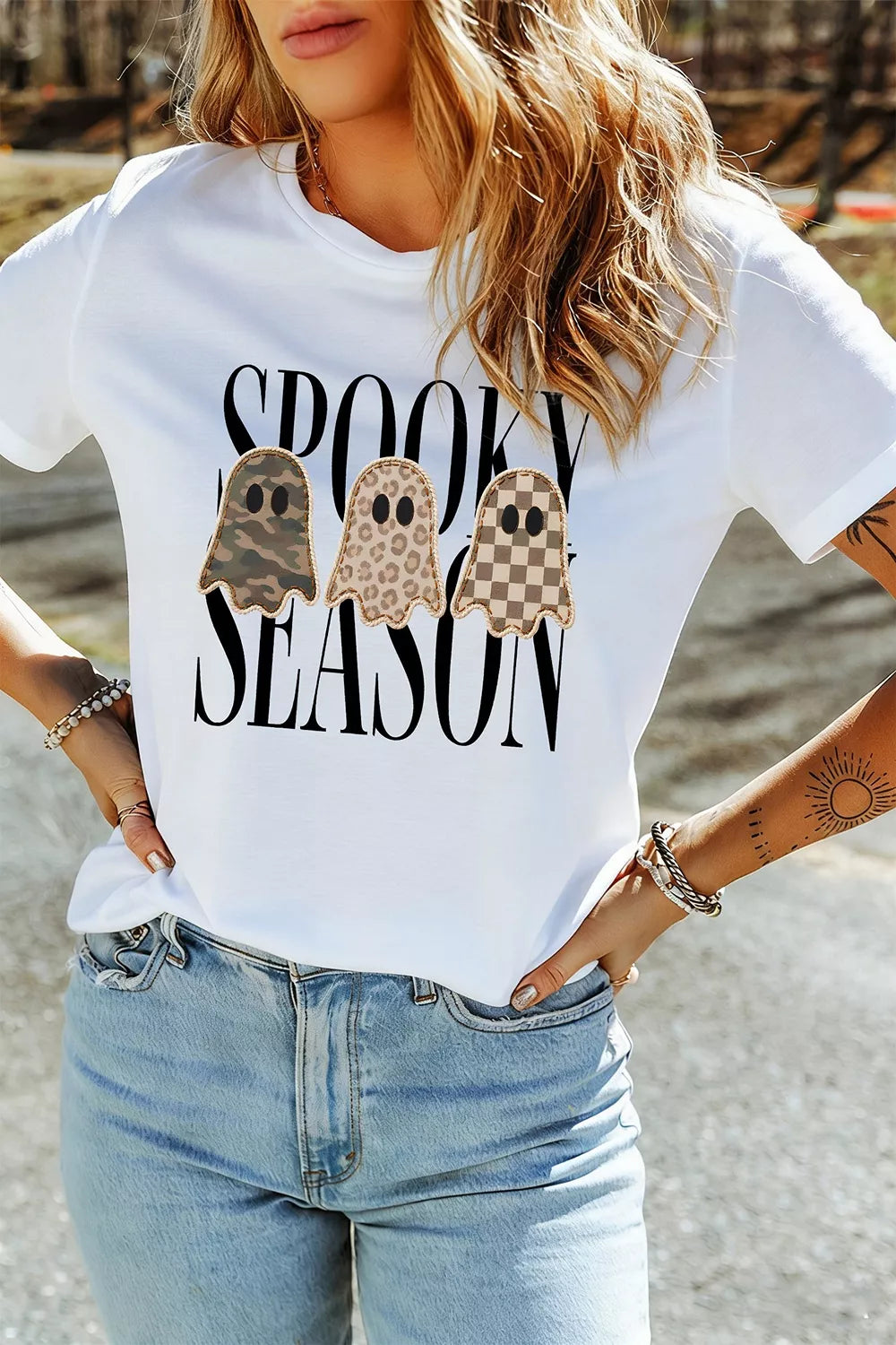 SYNZ Full Size Spooky Season Ghosts Graphic Short Sleeve Halloween T Shirt Plus Size