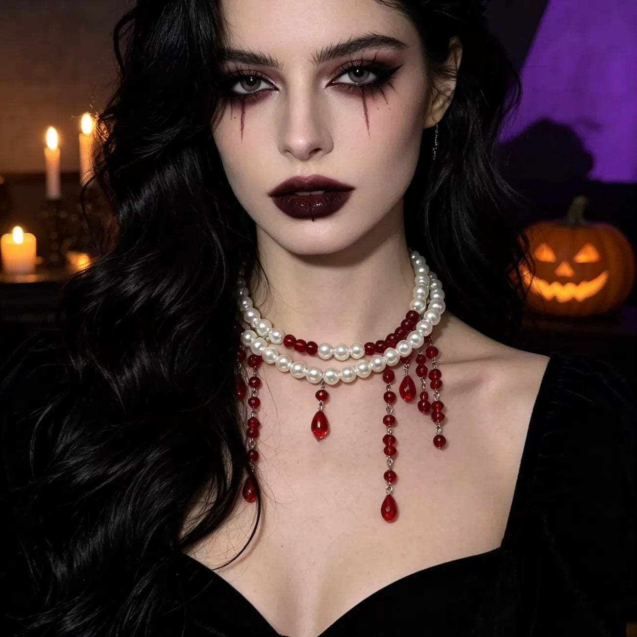 Spellbinding Glitterstone Halloween Pearl Double Layered Choker Necklace