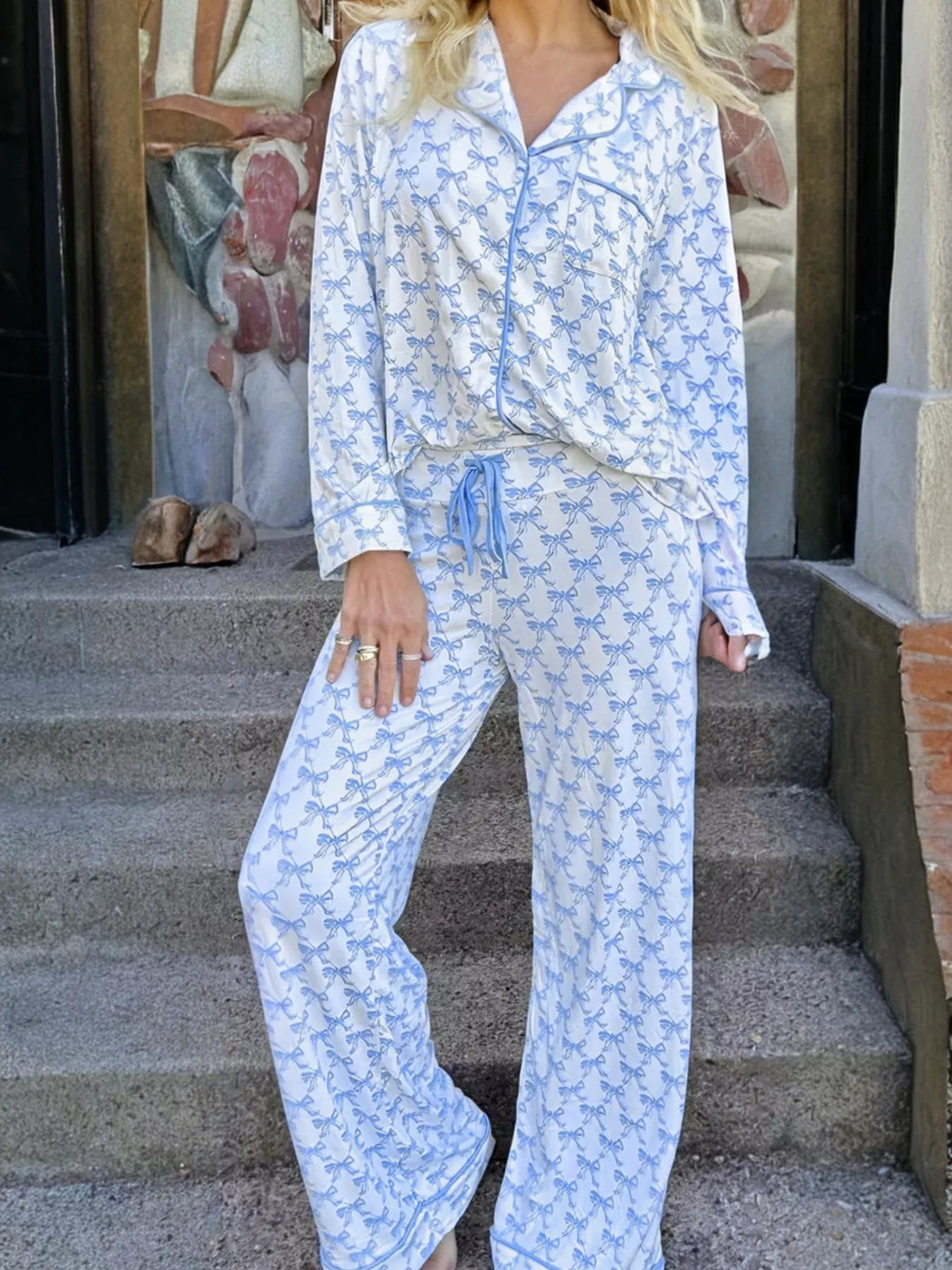 SYNZ Bow Print Long Sleeve Shirt and Pants Pajama Set