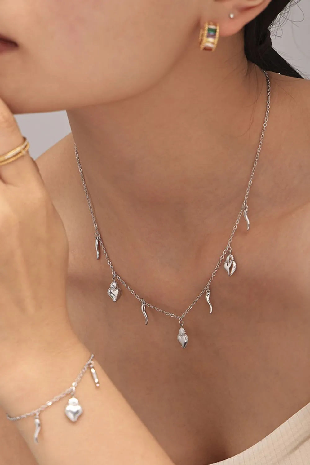 M^L Stainless Steel Heart Charm Bracelet and Necklace Set