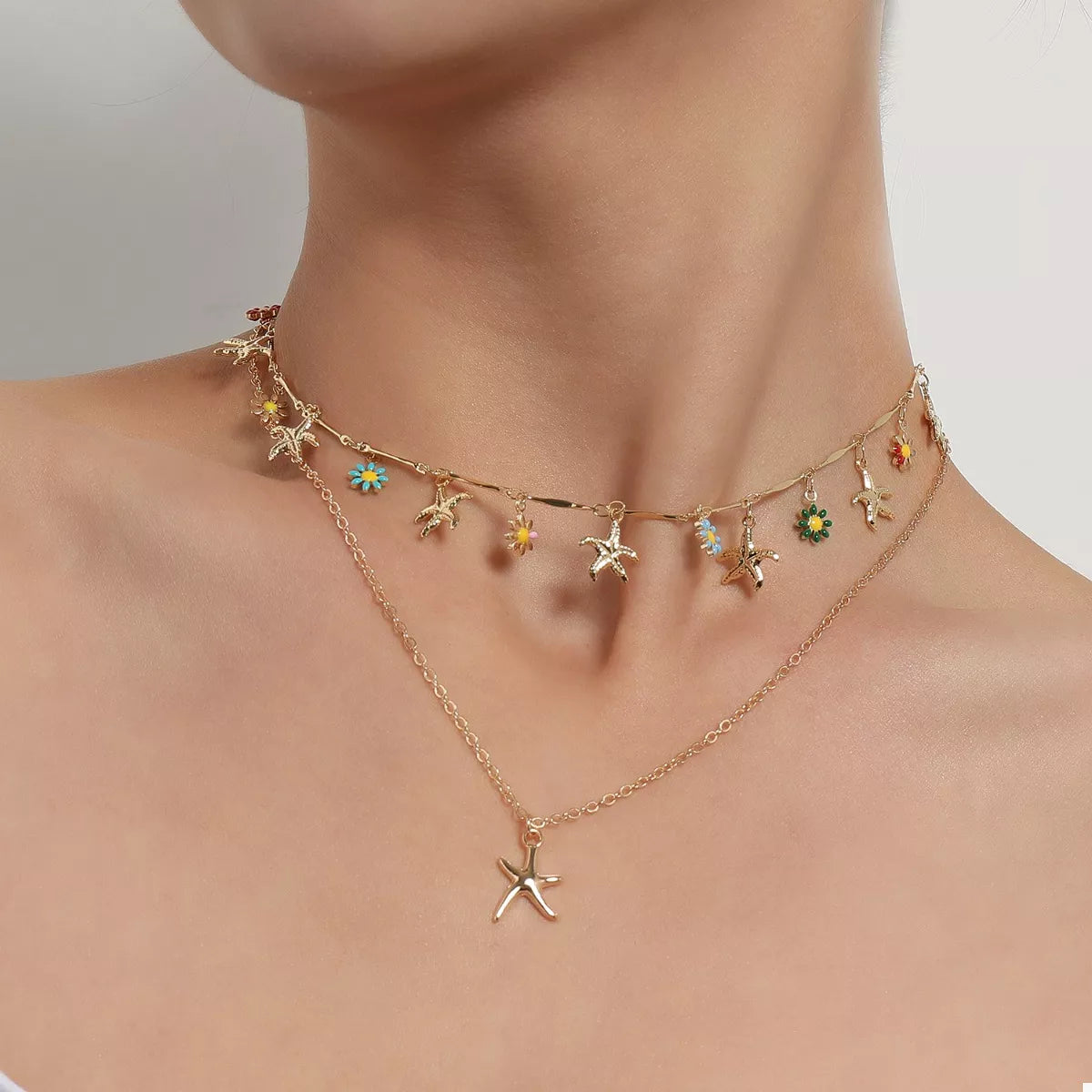 Imaginative Sparkleville Starfish Charm Double Layered Necklace