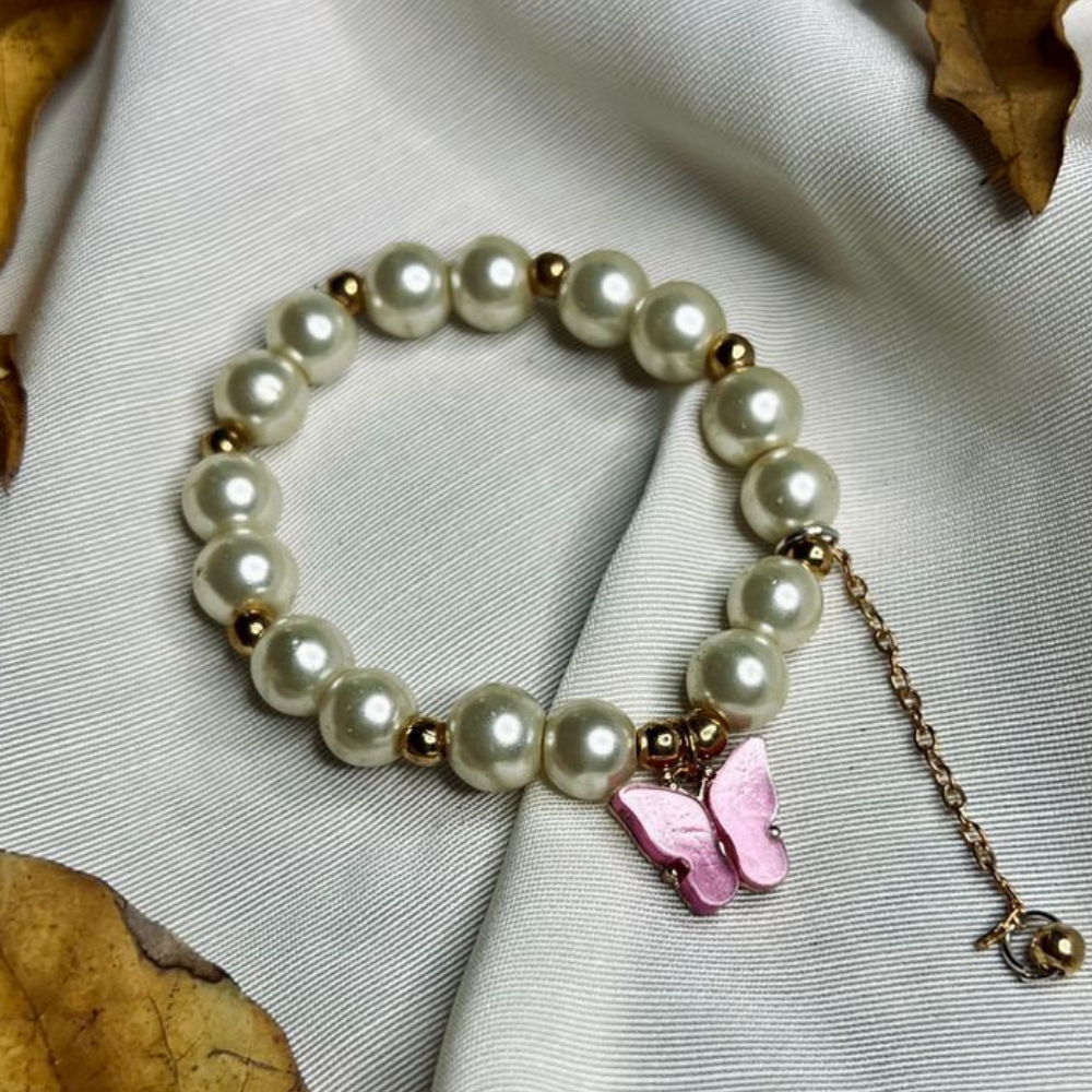 Unbranded Bracelet for Girls, Faux Pearl Beaded Bracelet with Purple Butterfly