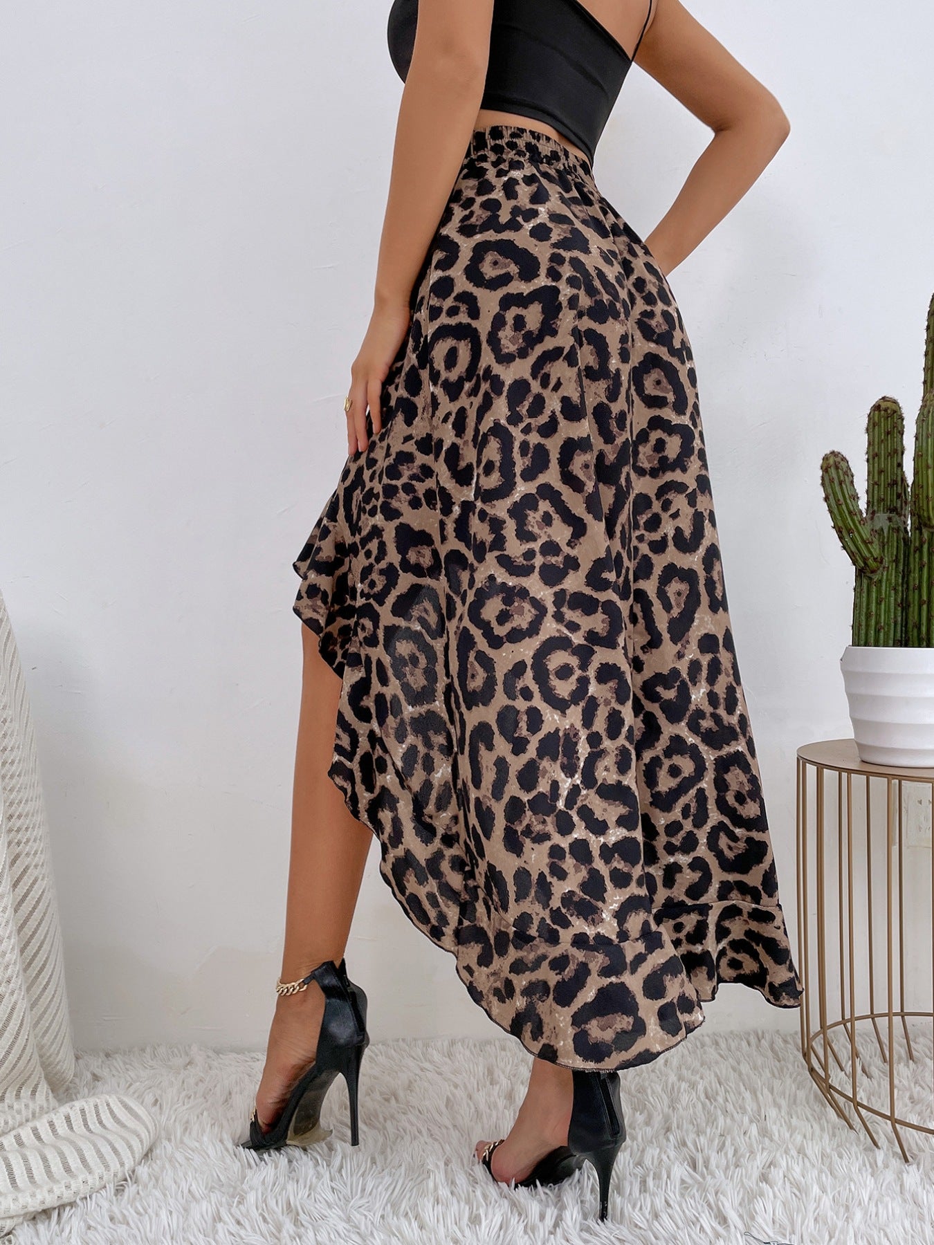 She Wild Leopard Print Ruffle Hem High-Low Skirt