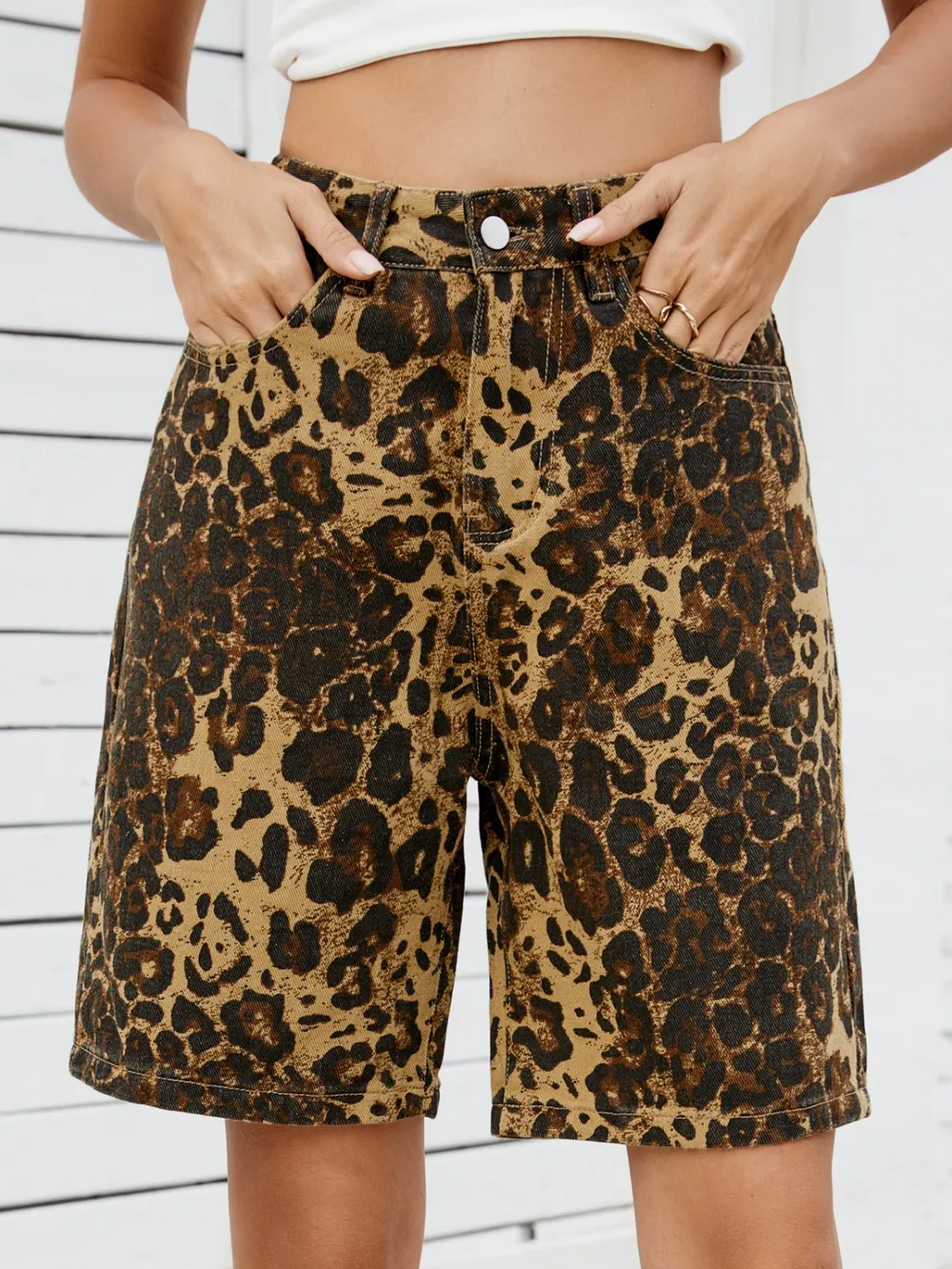 Moni Wear Leopard High Waist Denim Shorts