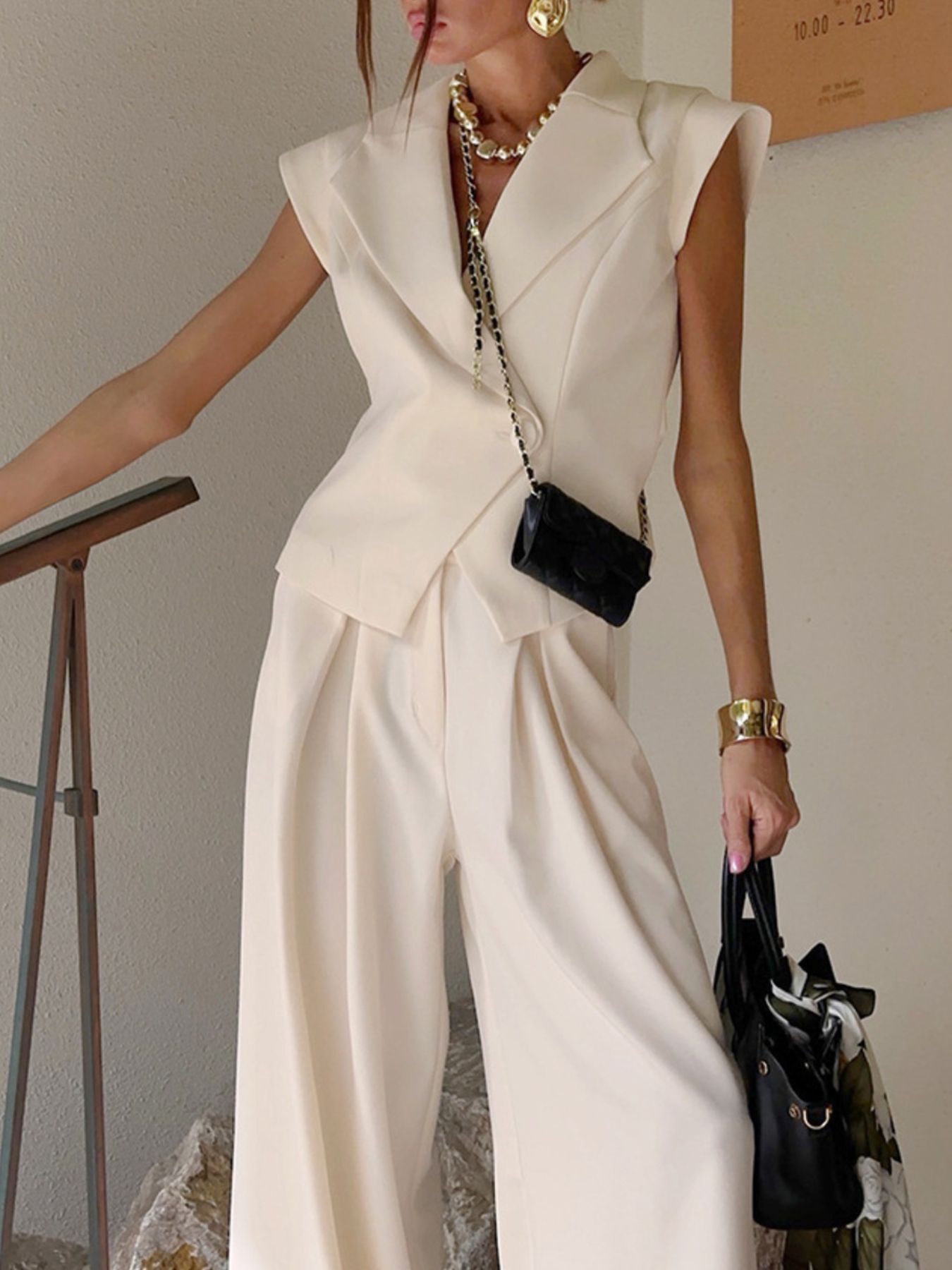 Chic Charm One Button Blazer & Wide Leg Pants Set