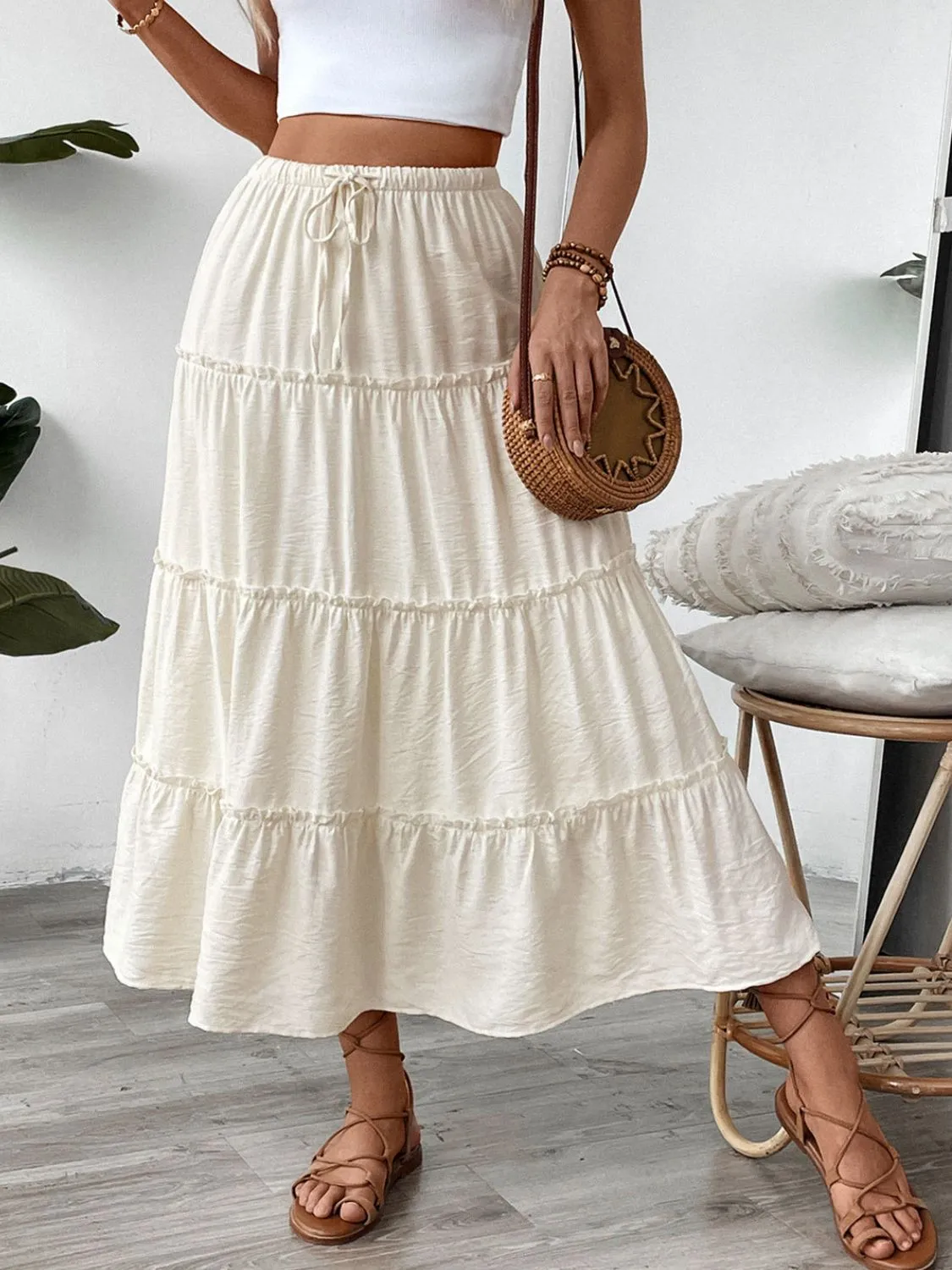 Perfee Drawstring Frill Tiered Skirt