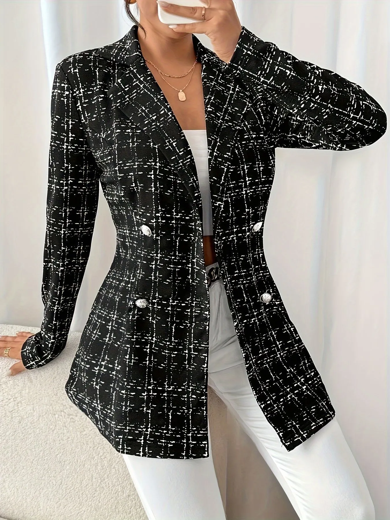 Real Sara Tweed Double-Breasted Blazer