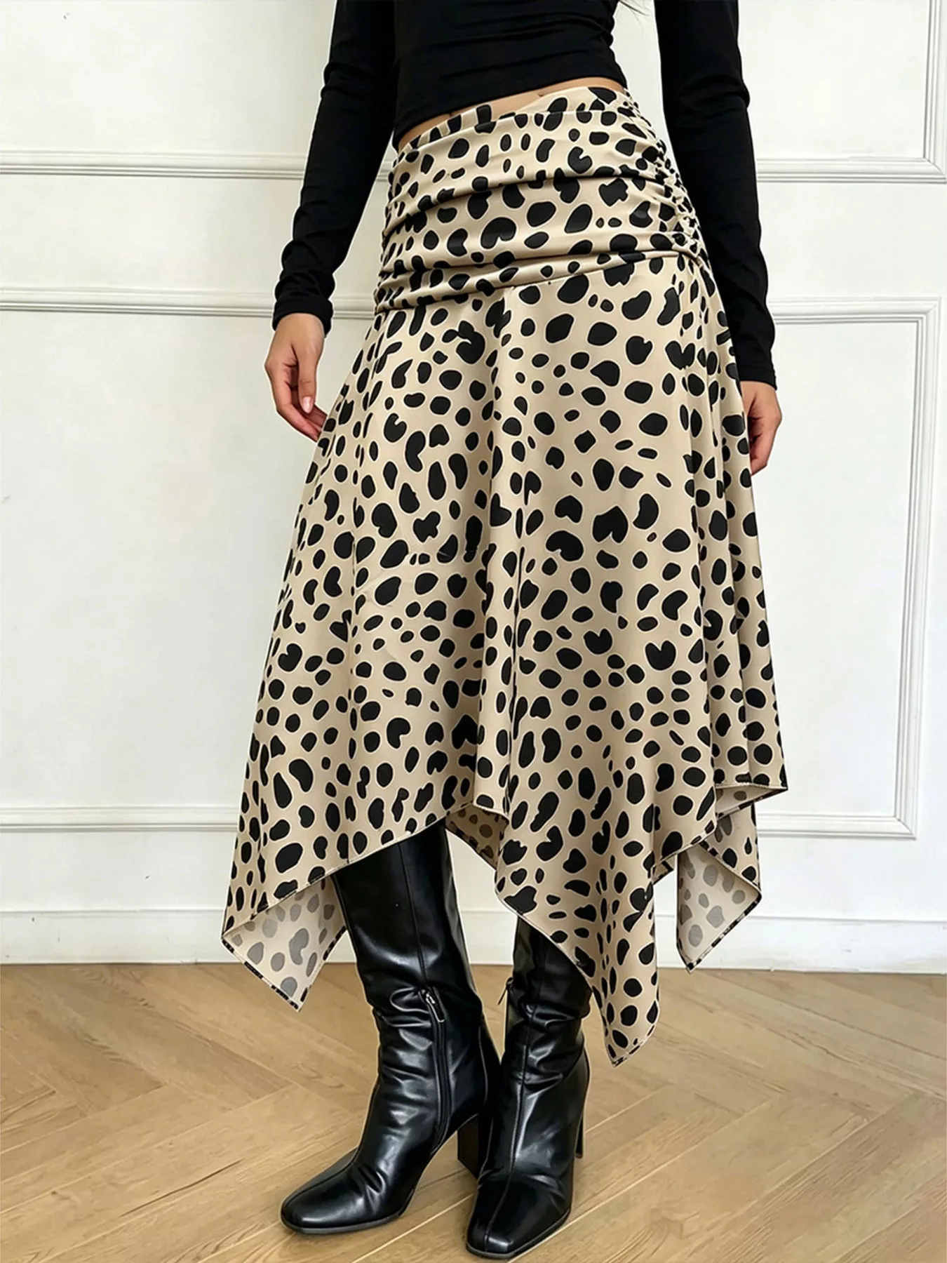 Still Hot Leopard Print Asymmetrical Hem Midi Skirt