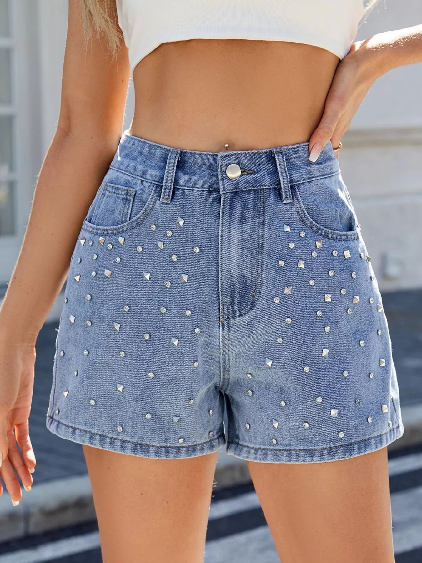 Moni Wear Studded High Waist Denim Shorts