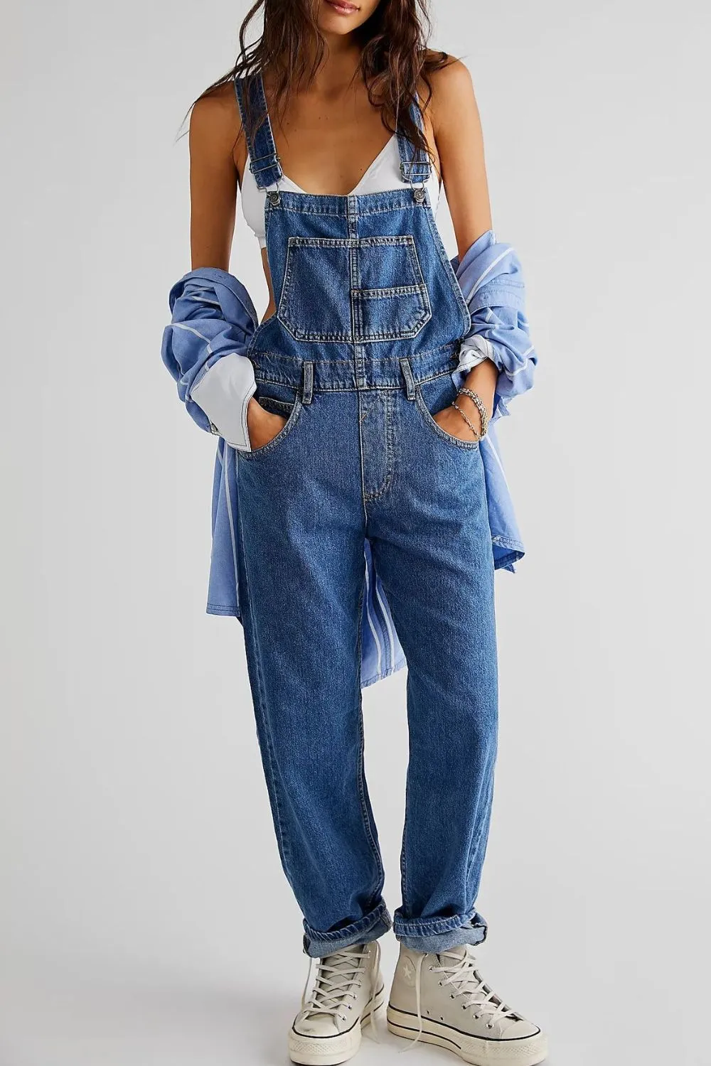 Dreamy Drapes Wide Strap Square Neck Denim Overalls