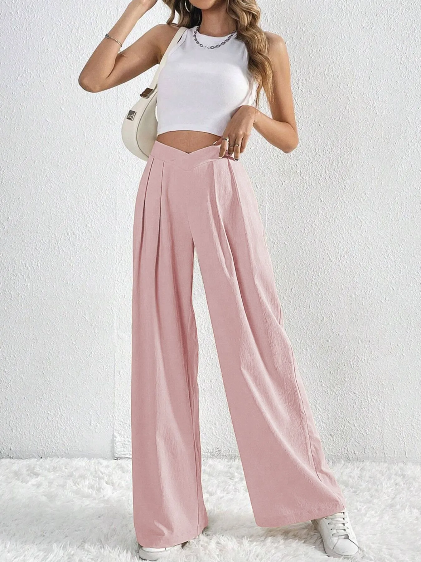 EEski V-Waisted Ruched Front Wide Leg Pants