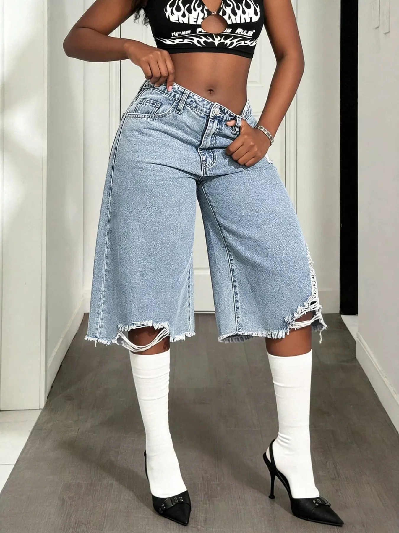 Genevieve Distressed Wide-Leg Denim Shorts