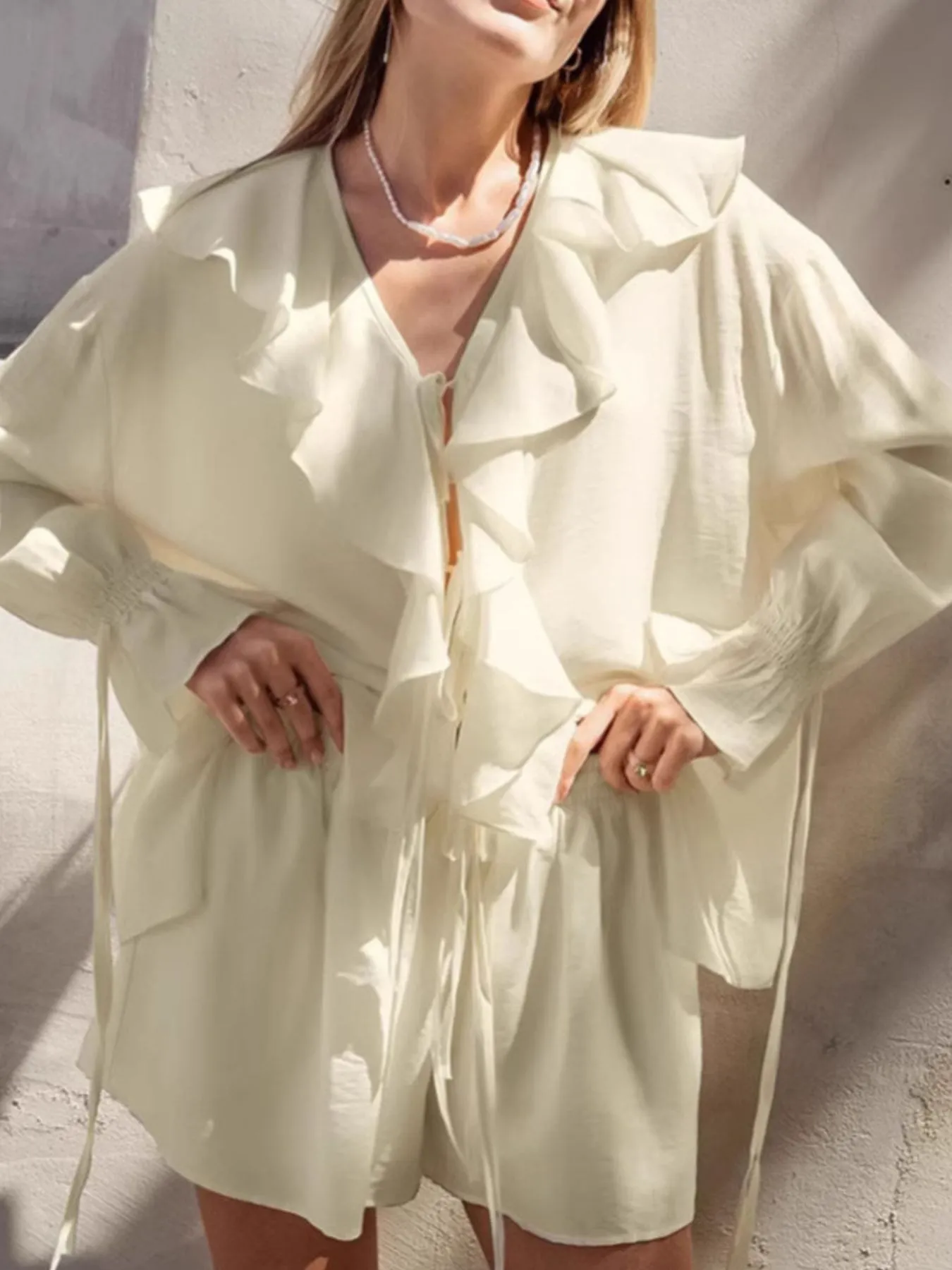OutdoorStyle Ruffled V-Neck Top and Shorts Set