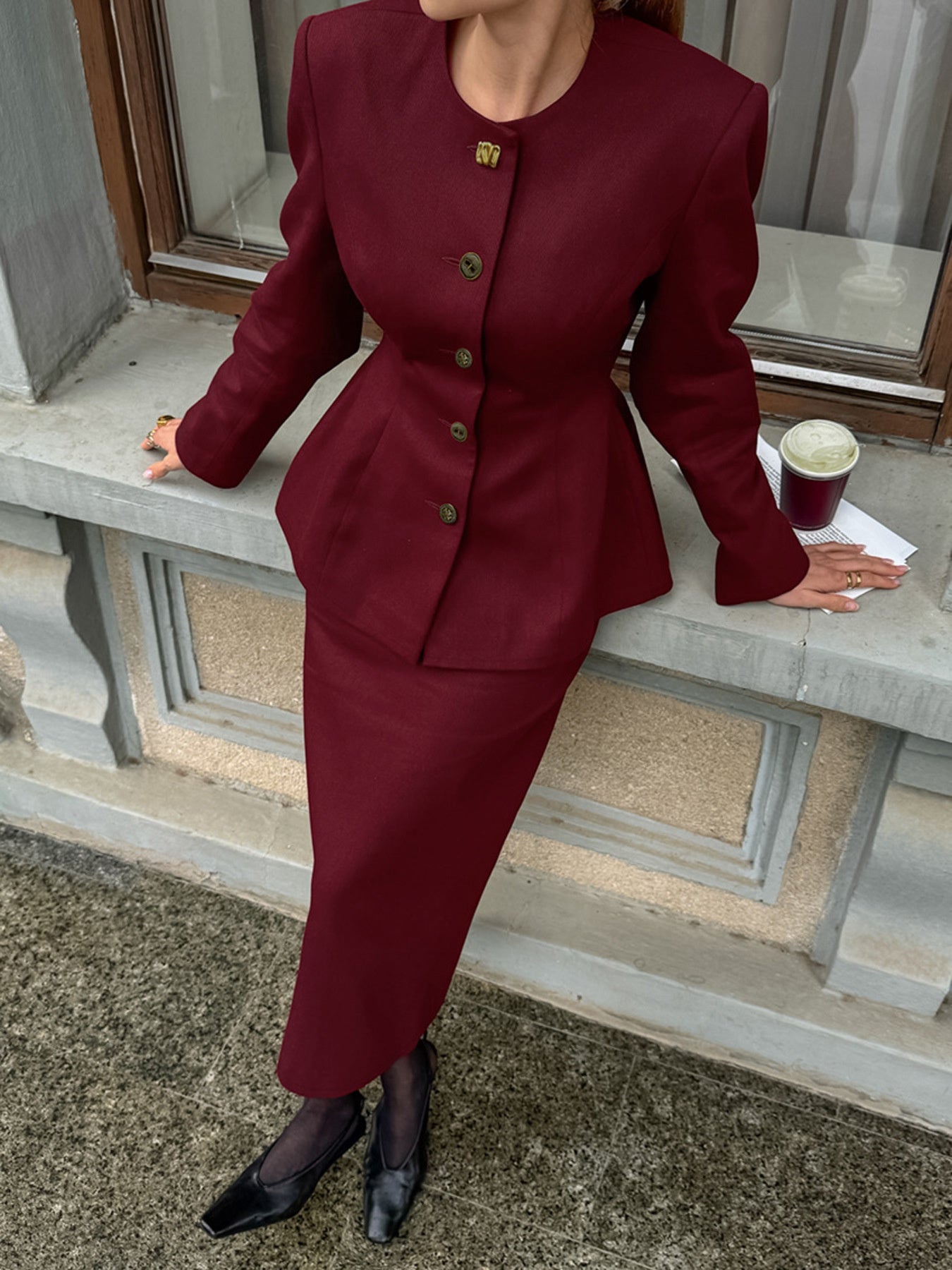 Chic Charm Button Up Peplum Blazer & Skirt Set