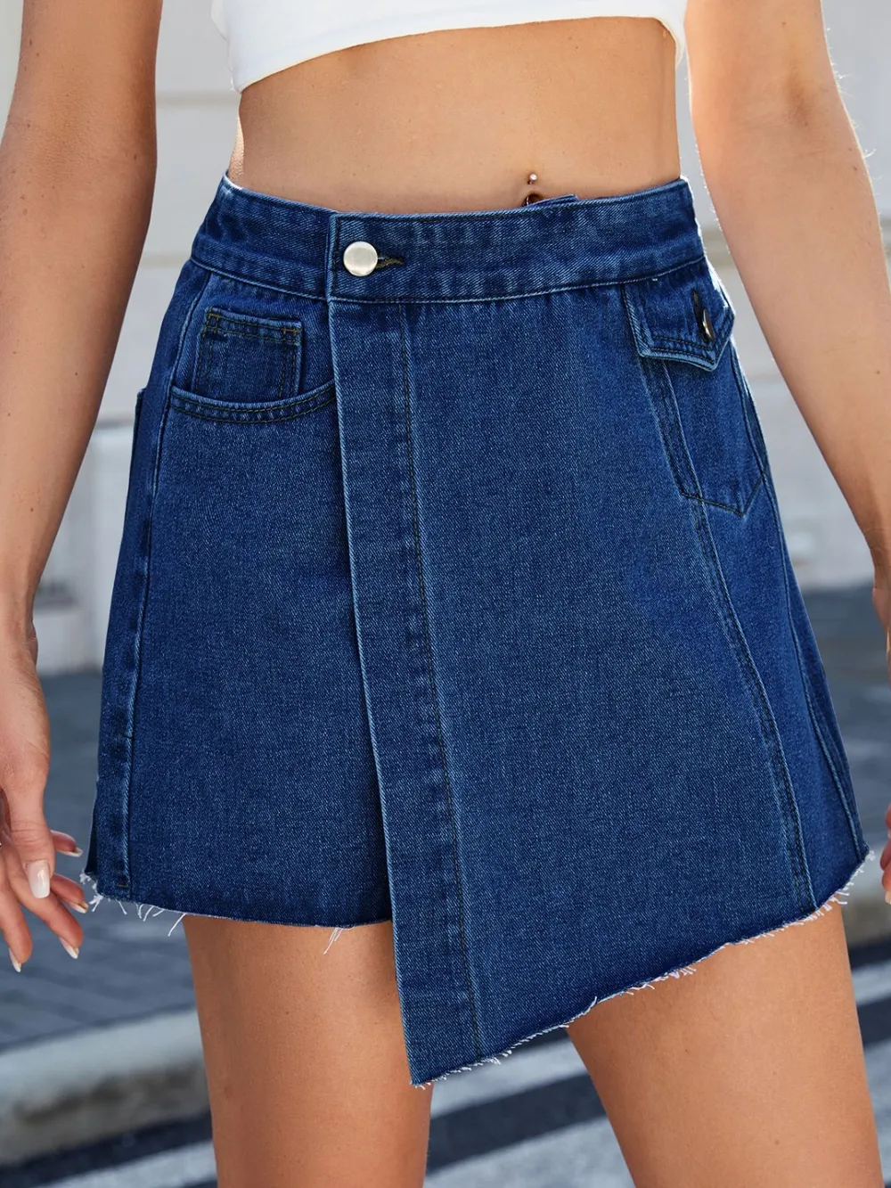 Moni Wear Frayed Hem Asymmetrical Denim Skort