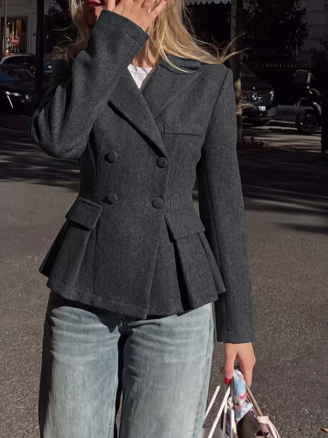 Perfee Double-Breasted Peplum Blazer