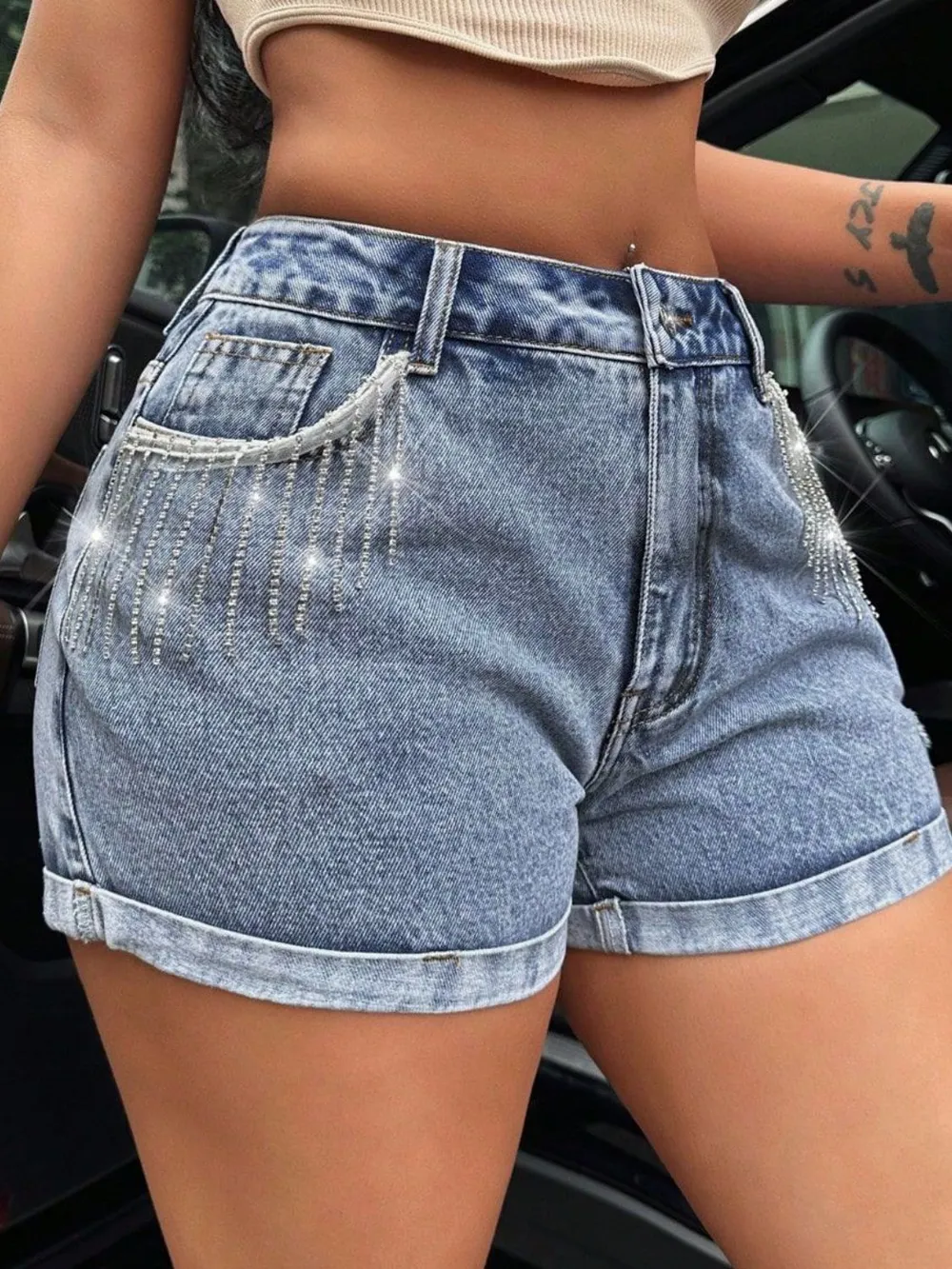 She Wild Rhinestone Fringe Denim Shorts