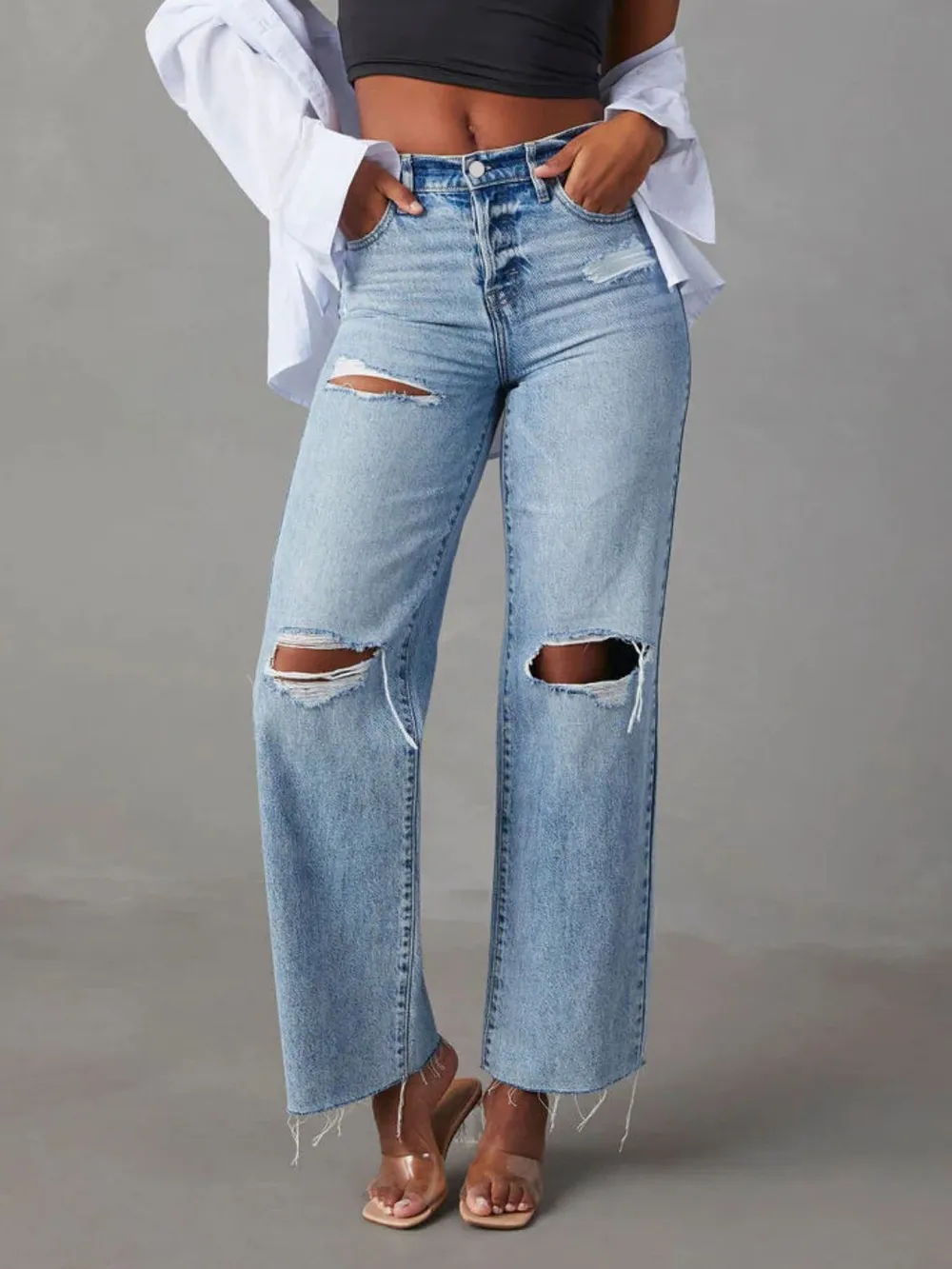 Creative Hive Distressed Straight Leg Jeans with Pockets