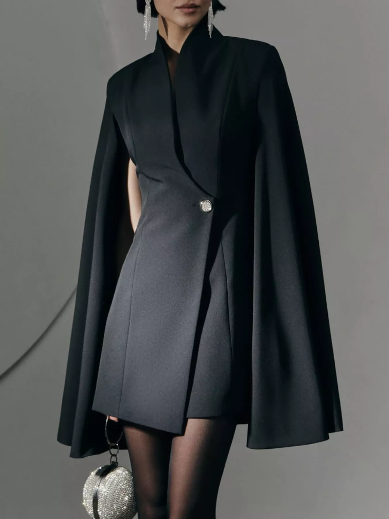 Real Sara One Button Fitted Mini Blazer Dress with Cape Sleeves
