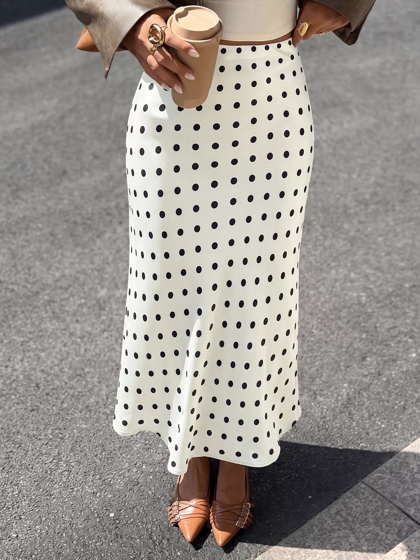 Perfee Polka Dot Midi Skirt
