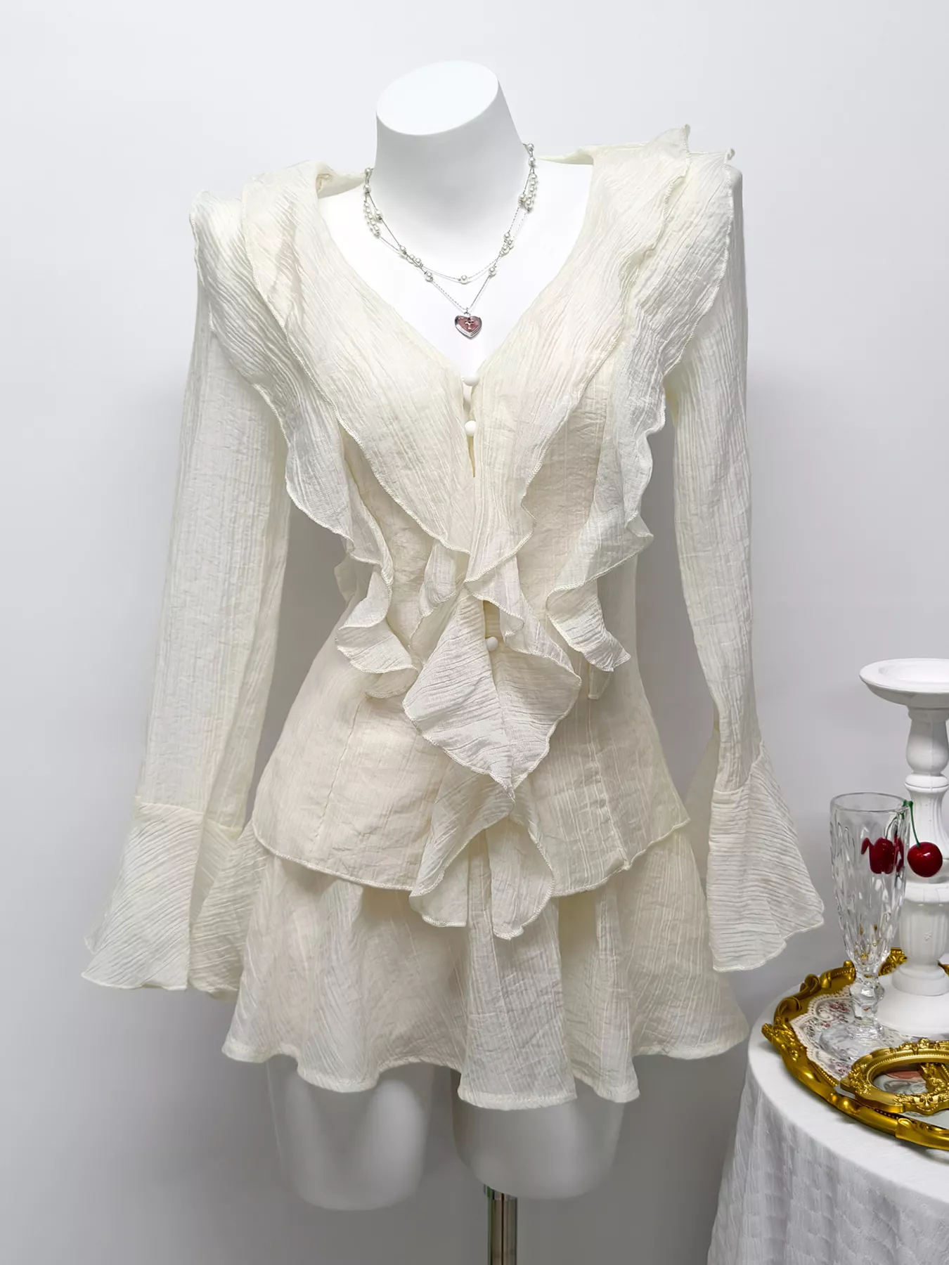 She Wild Ruffle Trimmed Blouse and Skirt Set
