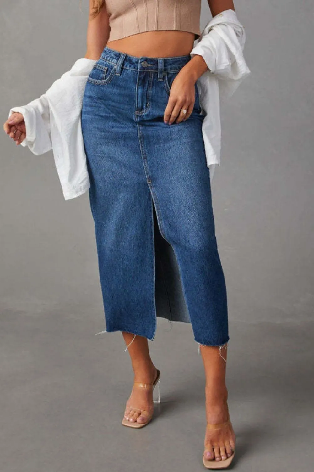 X@Y@K Slit Raw Hem Midi Denim Skirt