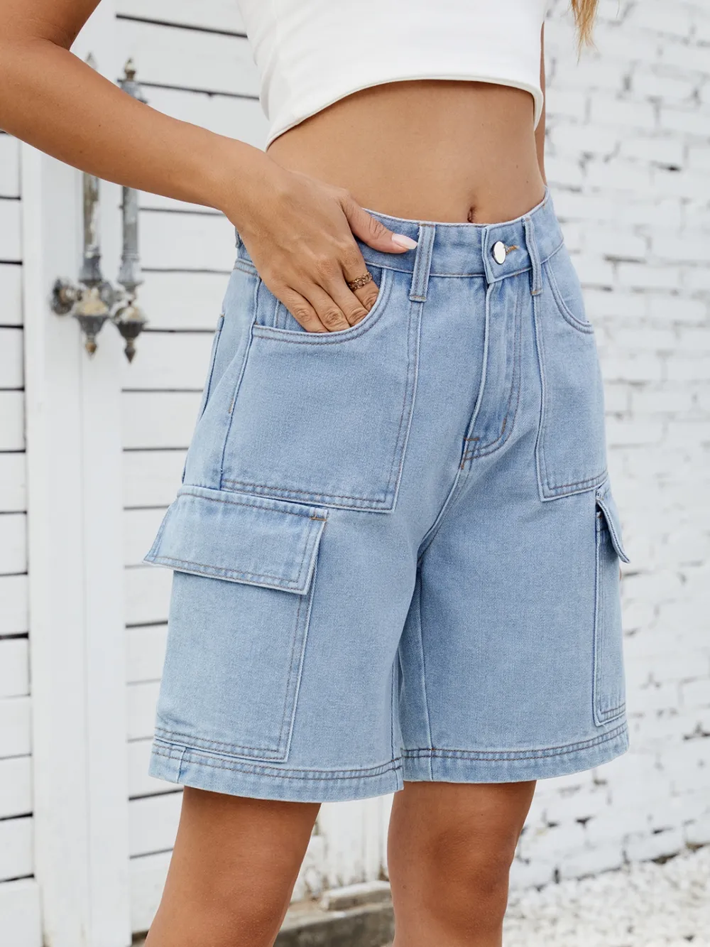 Moni Wear High Waist Denim Shorts with Cargo Pockets