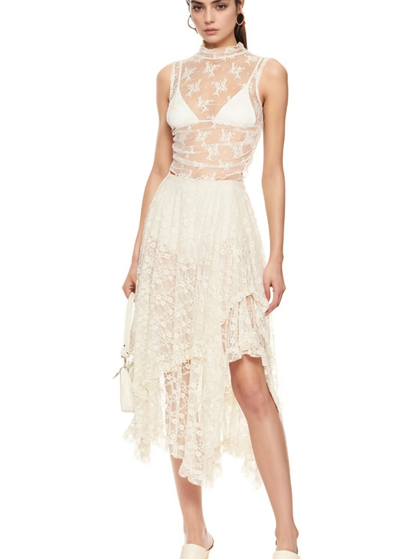 Lira Asymmetrical Lace Midi Skirt