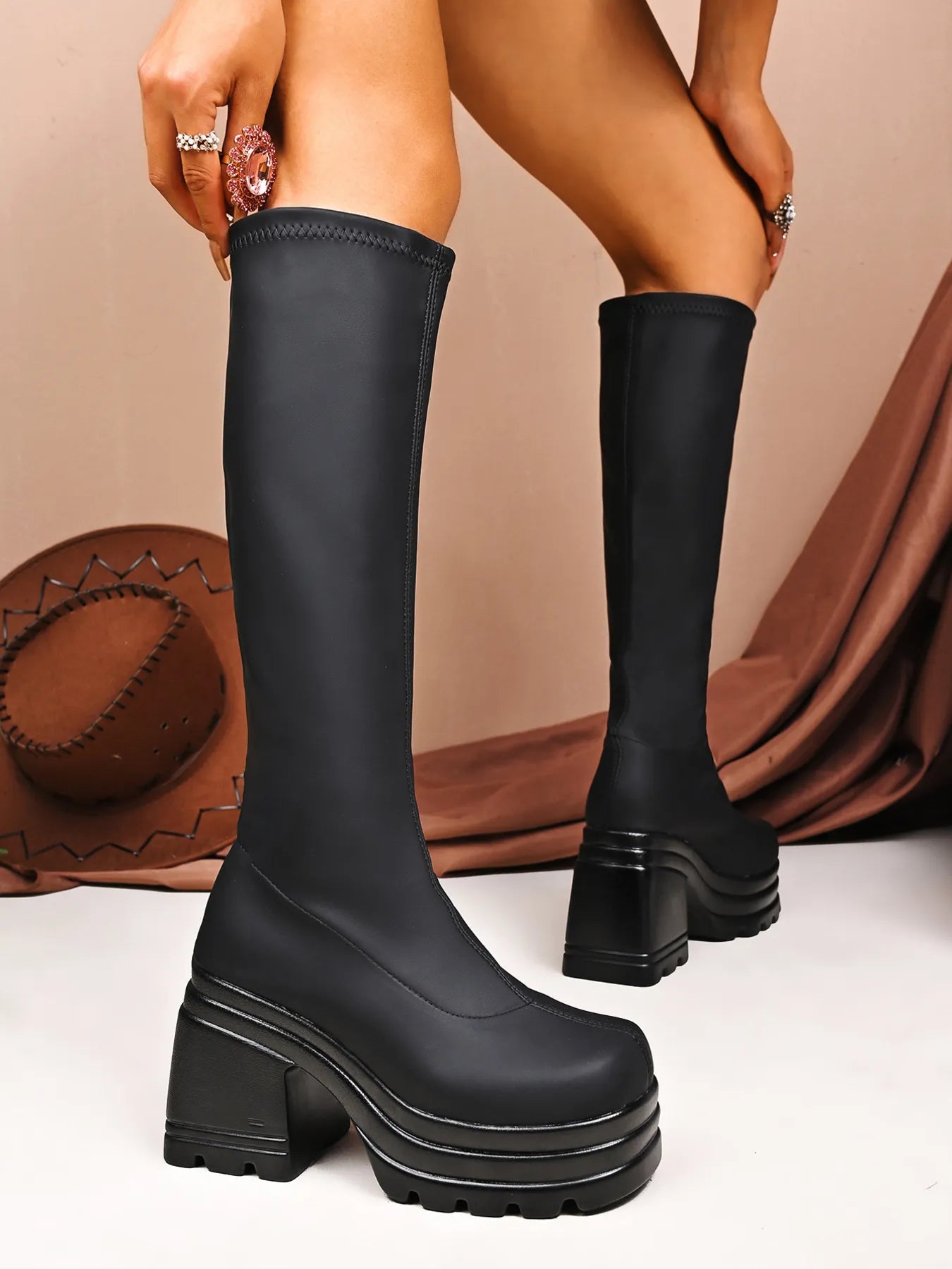 Dear Monkey Square Toe Platform Block Heels Boots