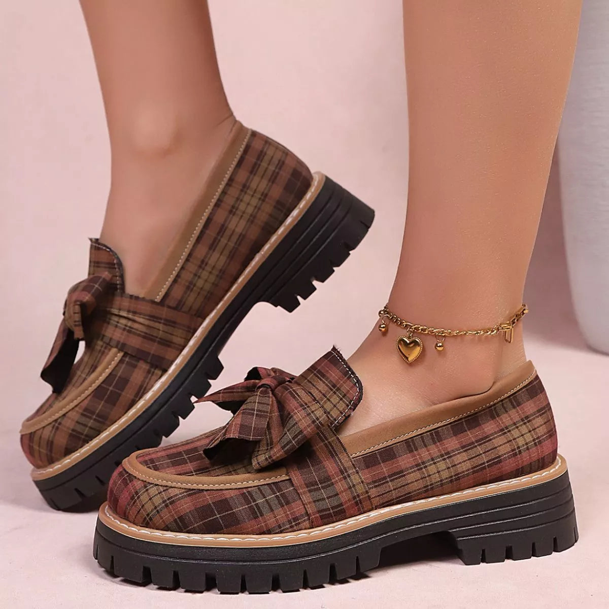 Dear Monkey Plaid Bow Decor Chunky Loafers