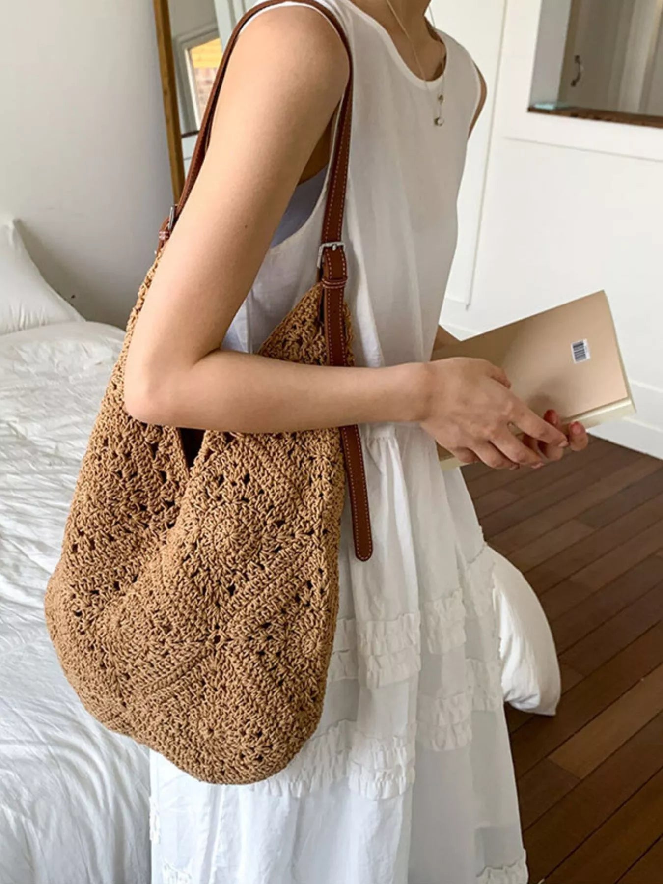 Chic Carryalls Crochet Shoulder Bag with Leather Straps