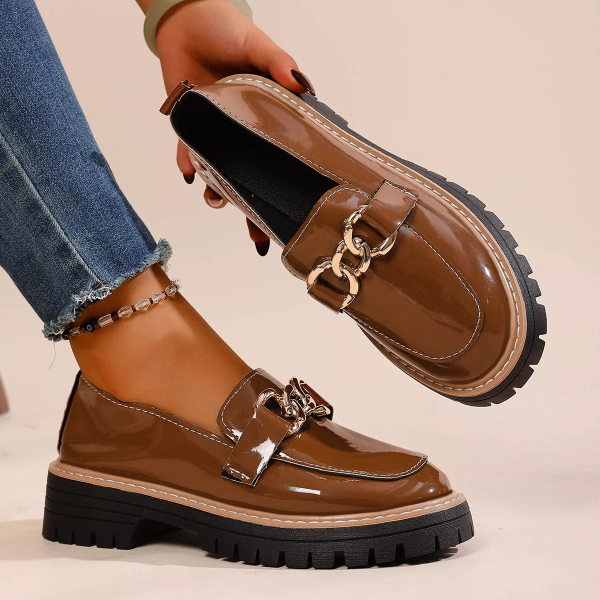 Classy Ballet Flats Chain Decor Chunky Loafers