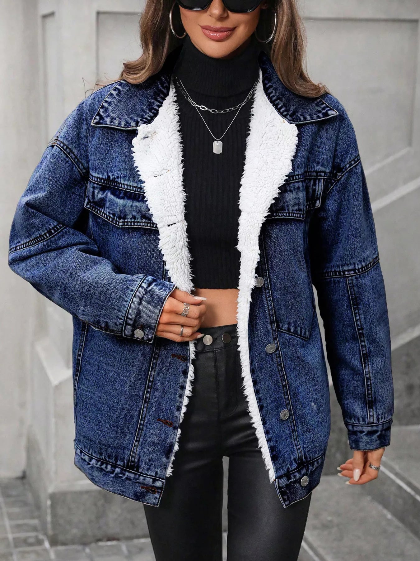 She Wild Sherpa-Lined Button Up Denim Jacket