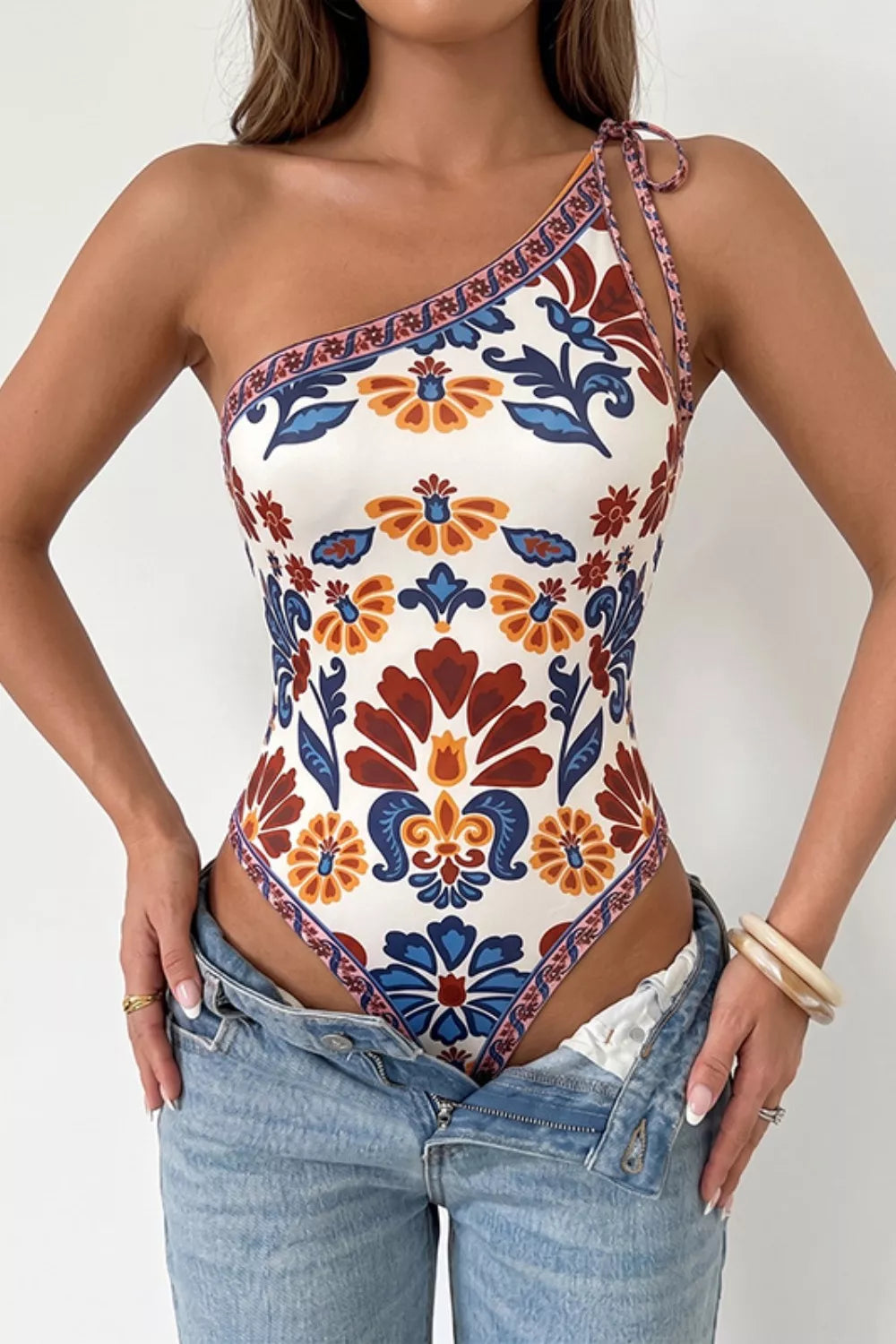 Perfee Floral Print One-Shoulder Tie Bodysuit