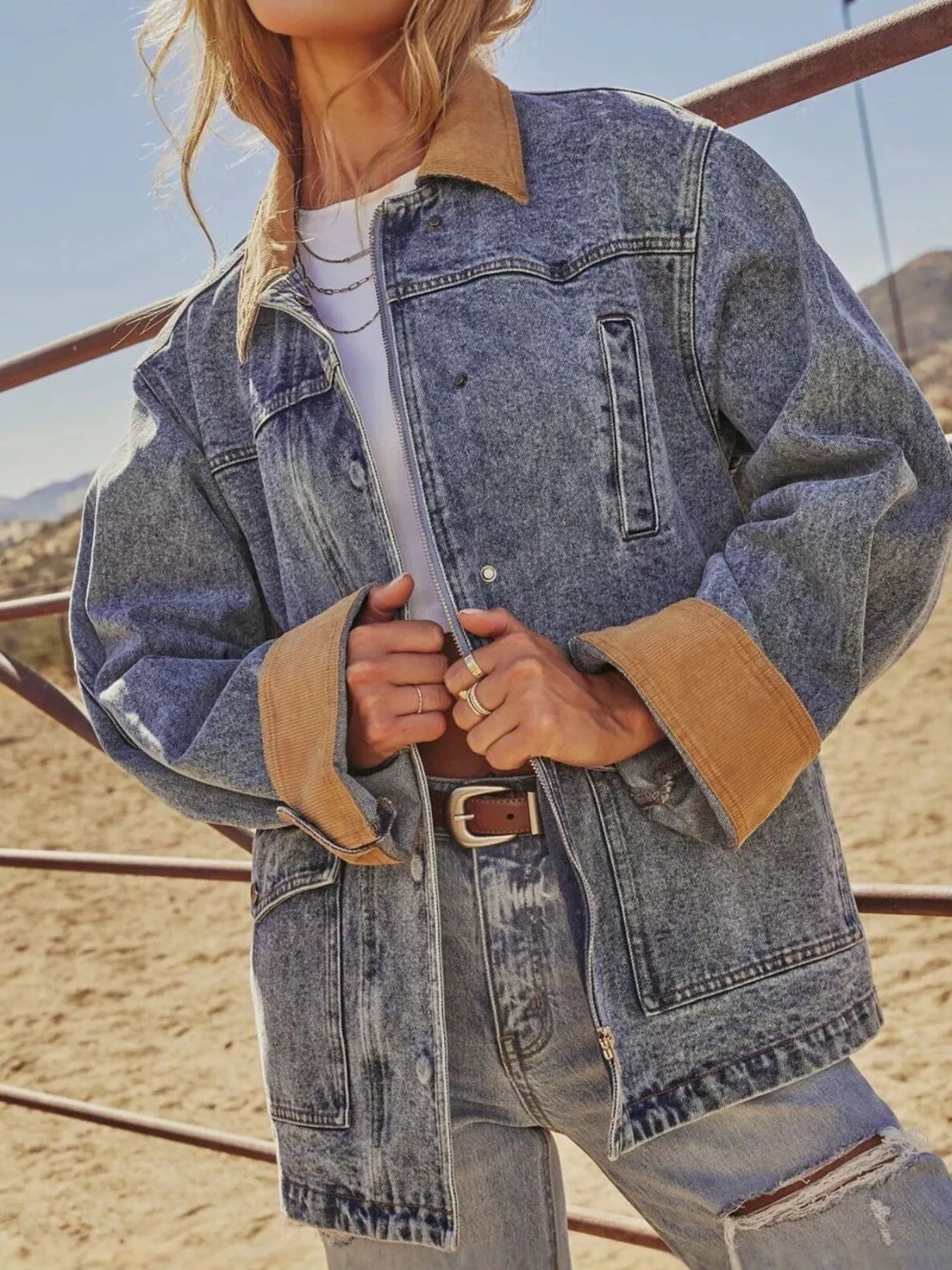 Velvet Ocean Zip Up Contrast Corduroy Collar Denim Jacket
