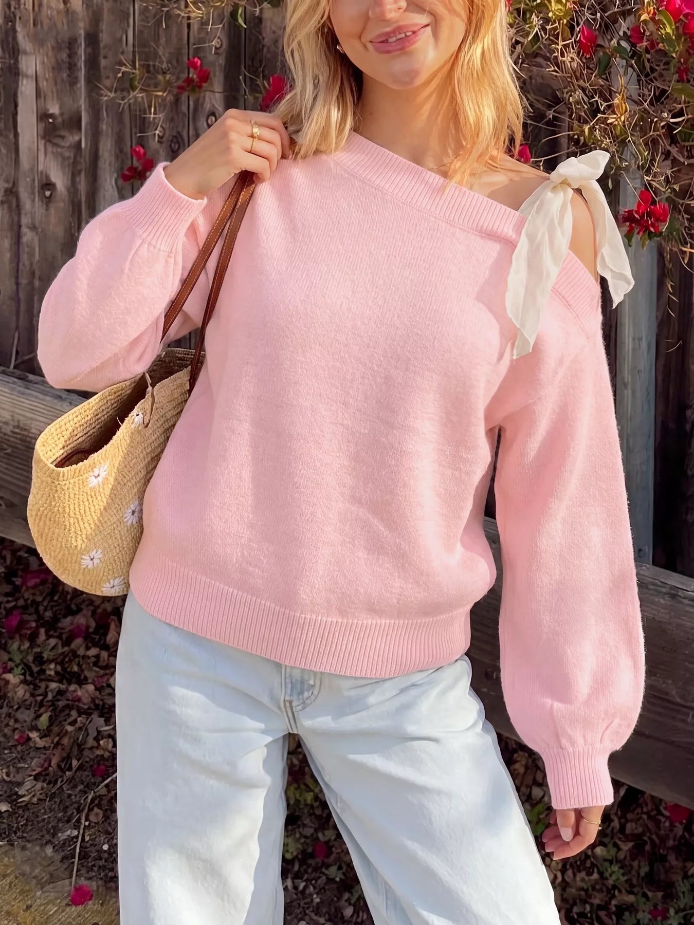Perfee One Shoulder Bow Detail Sweater
