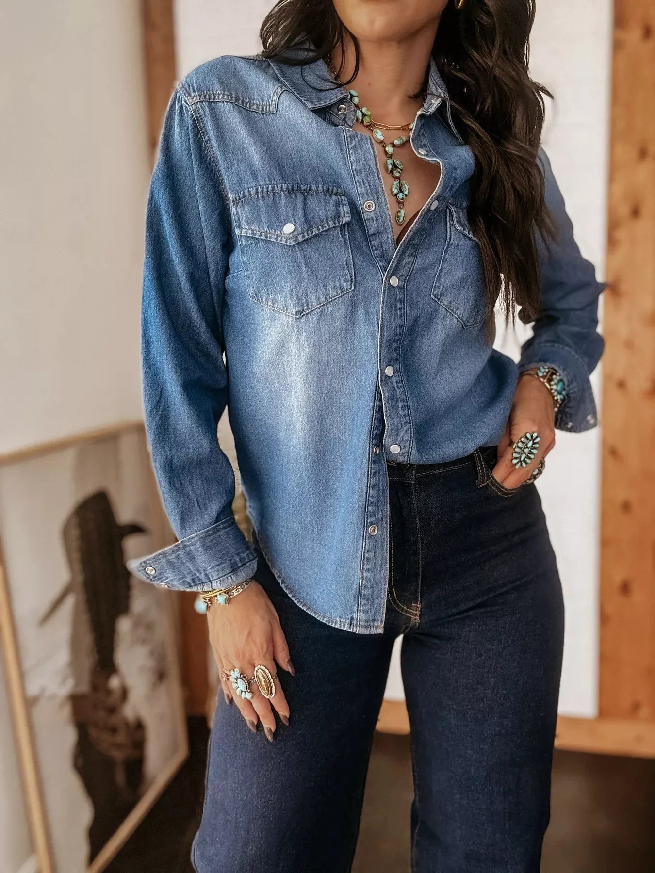 Velvet Ocean Washed Button Down Denim Shirt