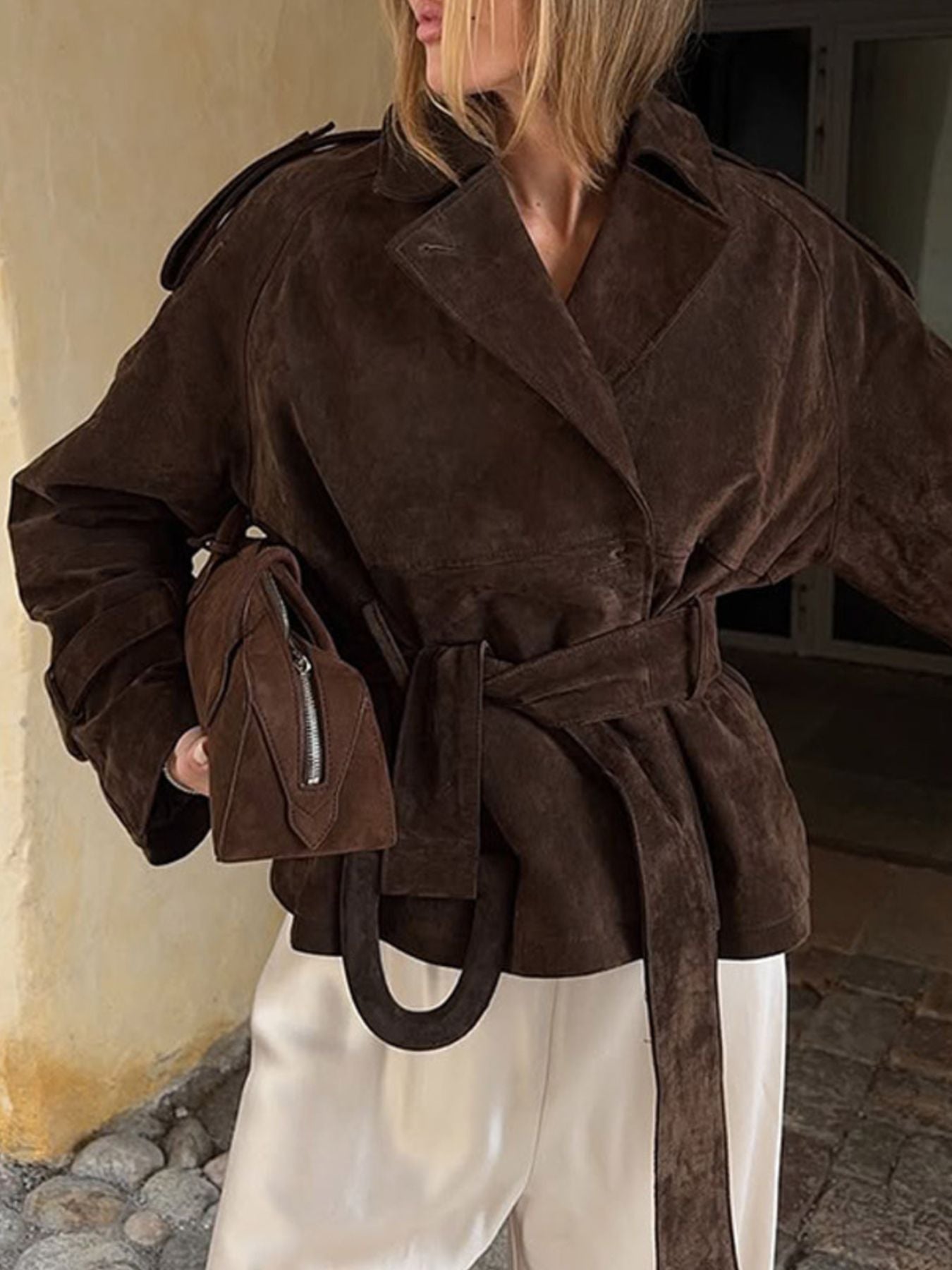 The Honest Stitch Lapel Collar Tie Waist Outerwear