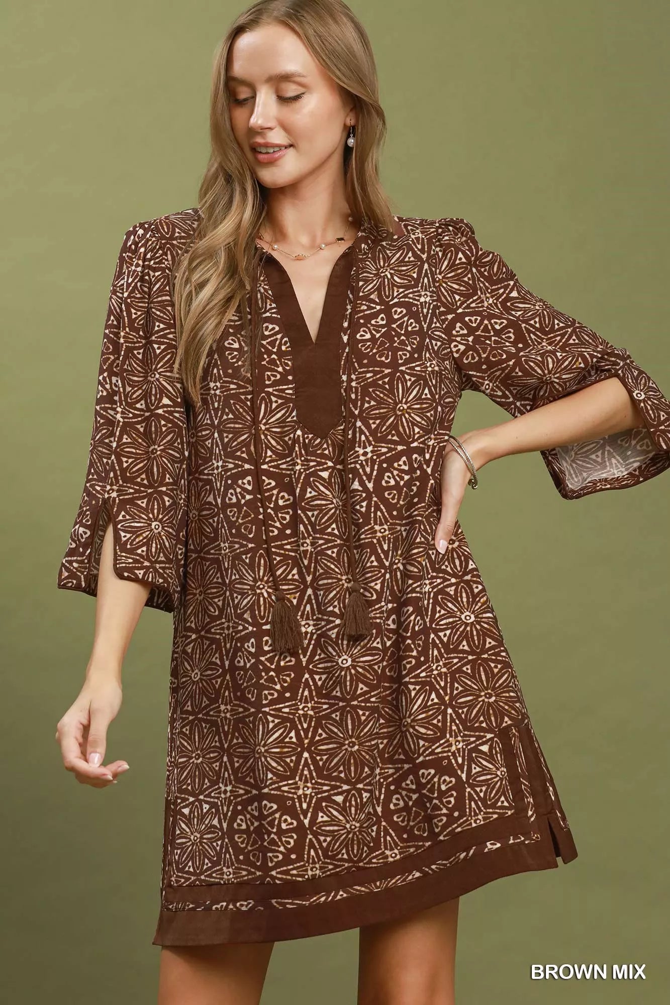 Umgee USA Umgee Mix Geometric Print V-Neck Tassel Detail Tunic Dress
