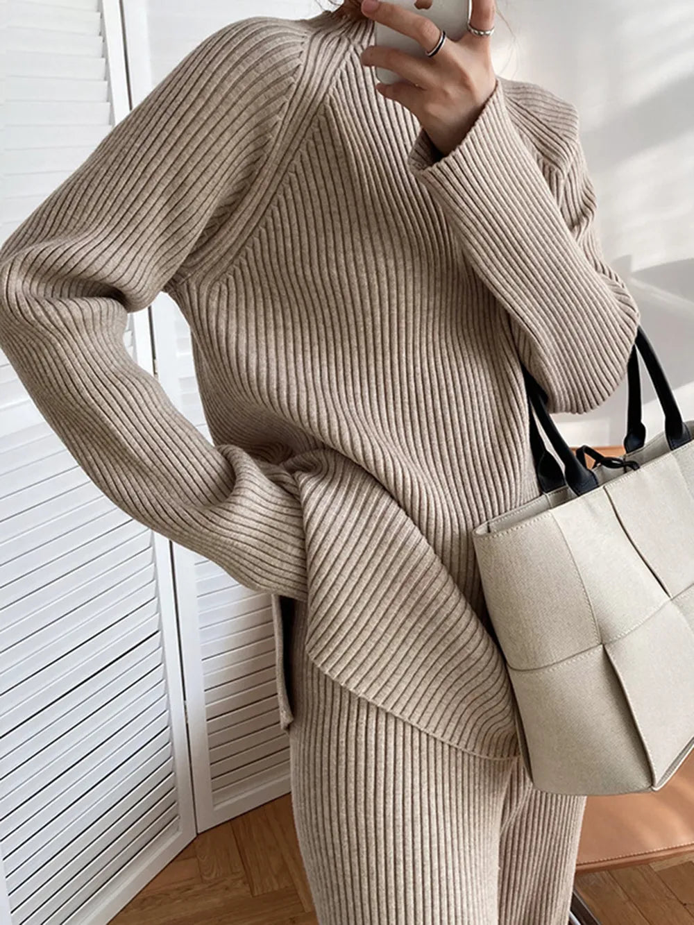 NBSP Mock Neck Raglan Sleeve Top and Pants Sweater Set