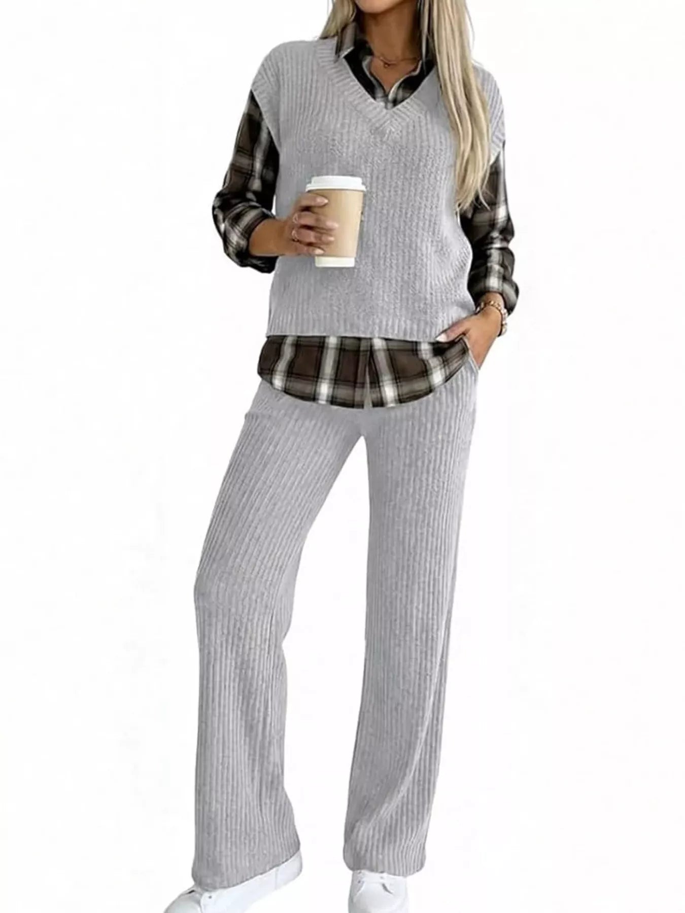Glorious Joy Ribbed Knit Plaid Sleeve Top & Pants Set