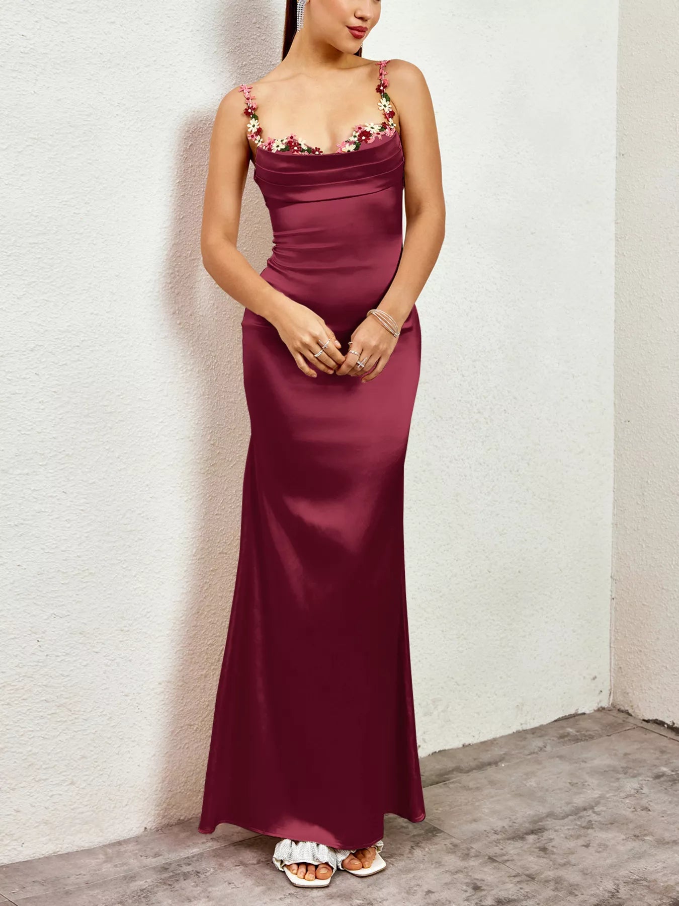 Versa Floral Trim Satin Maxi Dress