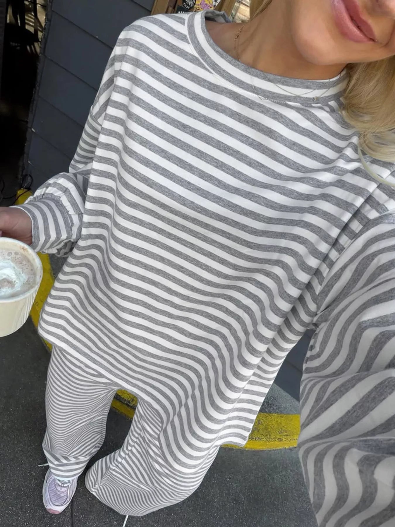 Devine Striped Round Neck Top and Pants Set