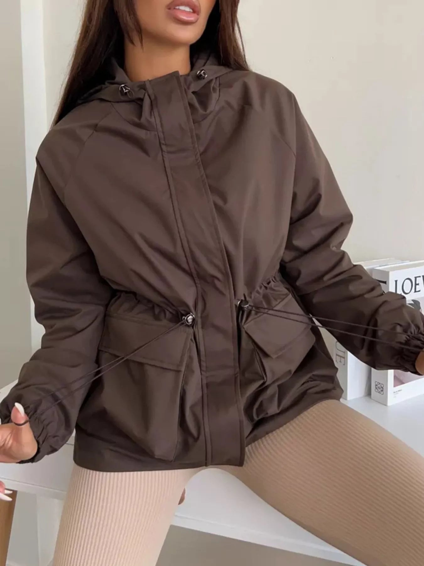 Daisy Drawstring Waist Hooded Windbreaker Outerwear