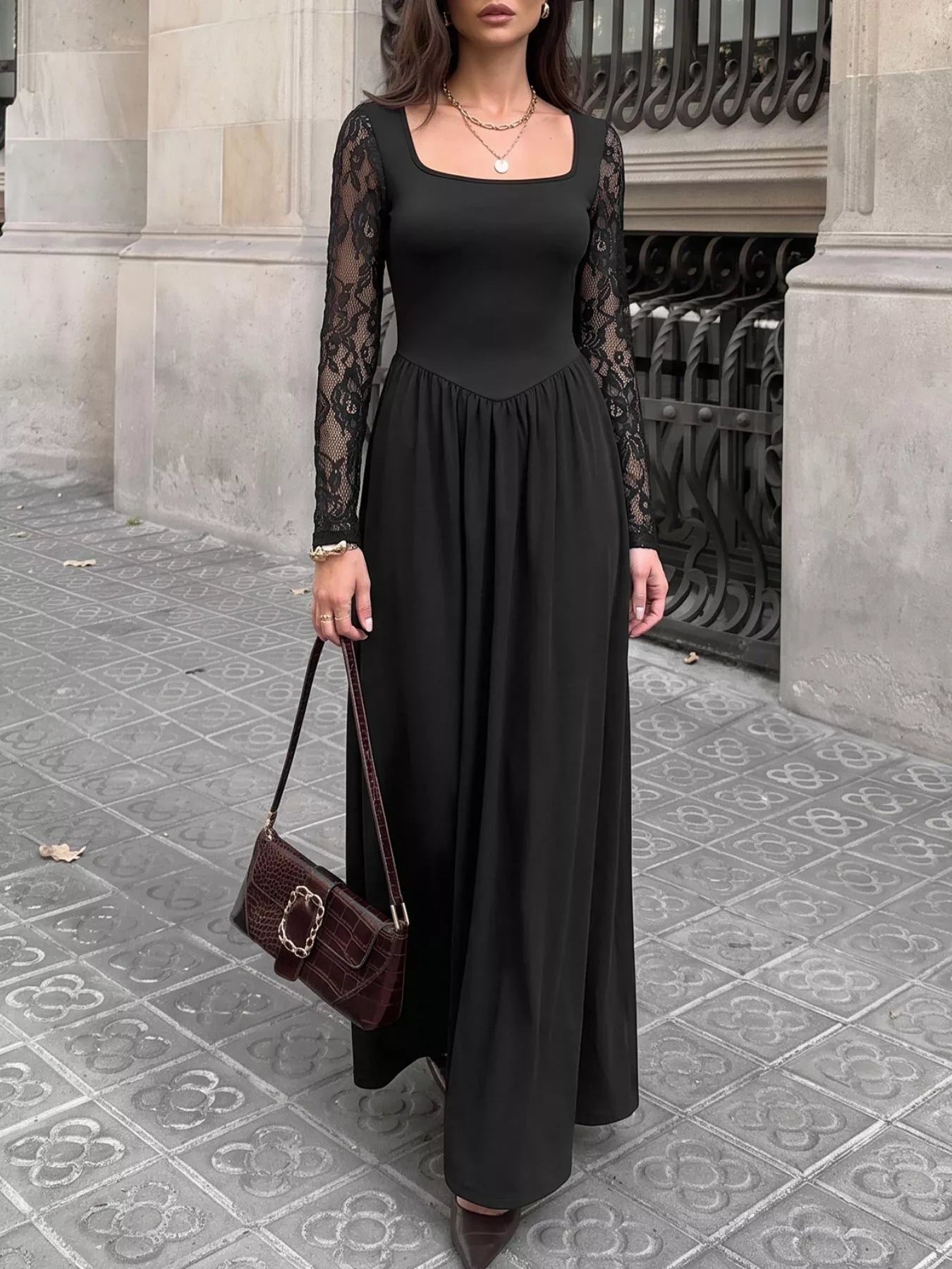 Perfee Square Neck Sheer Sleeve Maxi Dress