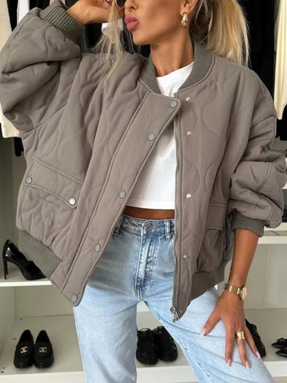 Y@S@M Baseball Collar Snap Down Long Sleeve Jacket